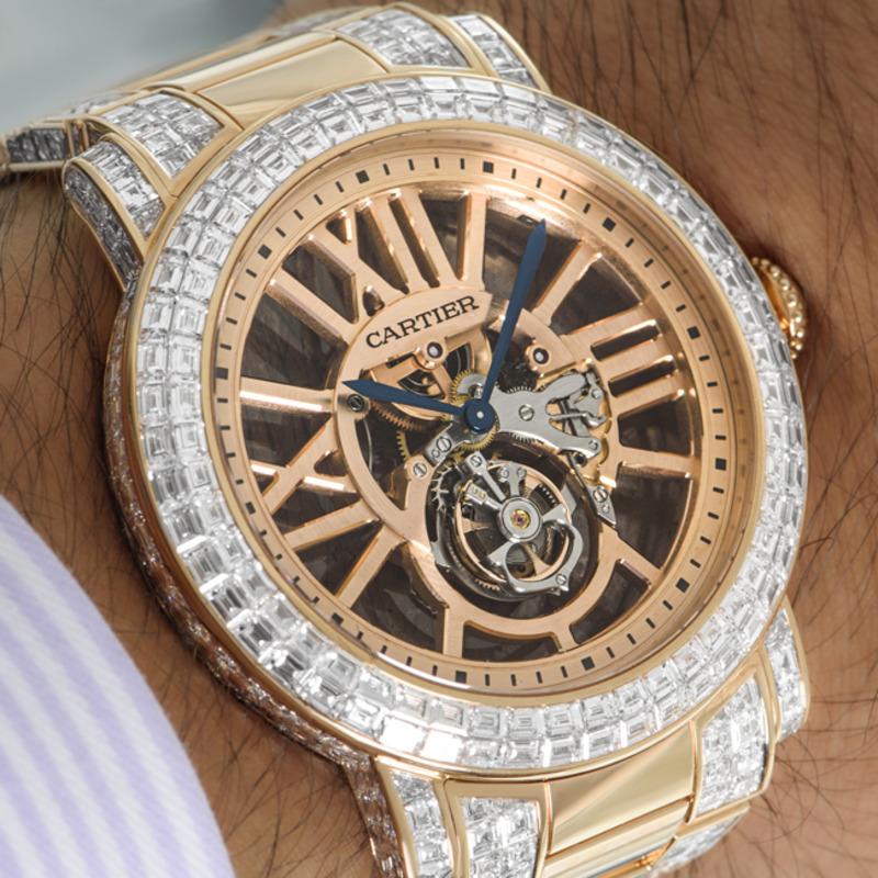 Cartier Montre-bracelet squelette unique en or rose et tourbillon serti de diamants en vente 2