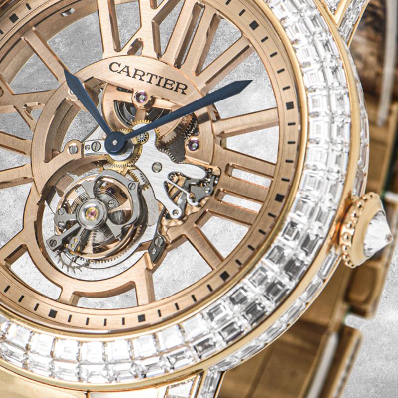 Cartier Montre-bracelet squelette unique en or rose et tourbillon serti de diamants en vente 3