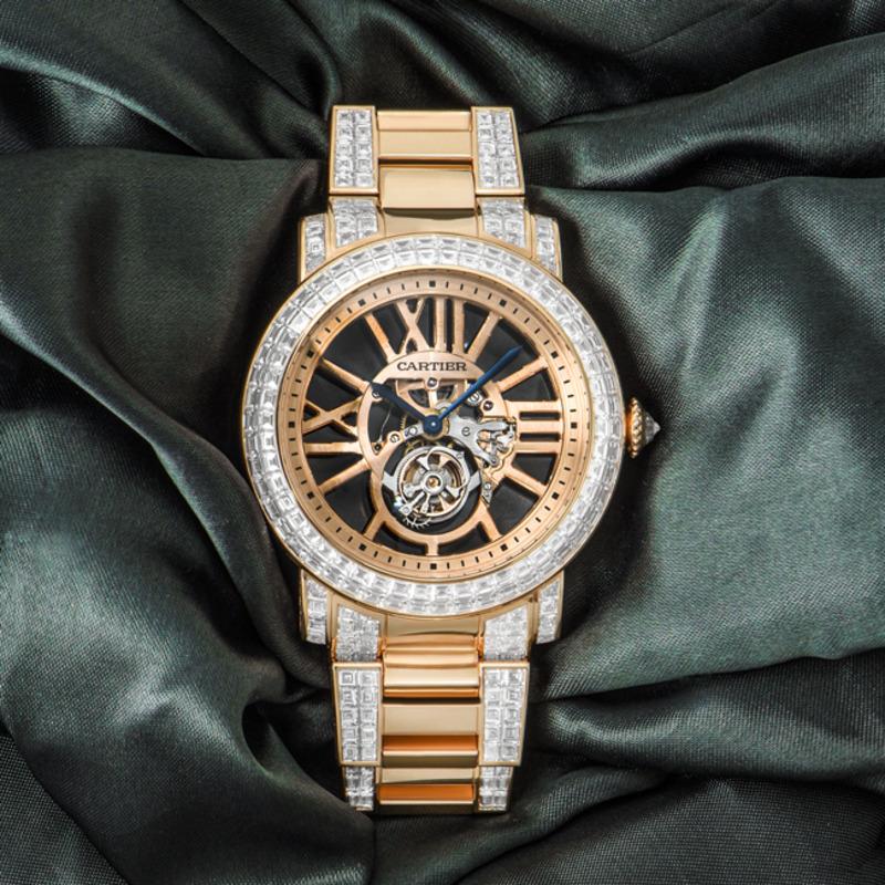 Cartier Montre-bracelet squelette unique en or rose et tourbillon serti de diamants en vente 4