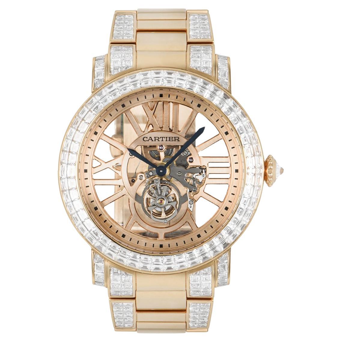 Cartier Roségold einzigartige Diamantbesetzte Tourbillon Skelett-Armbanduhr im Angebot