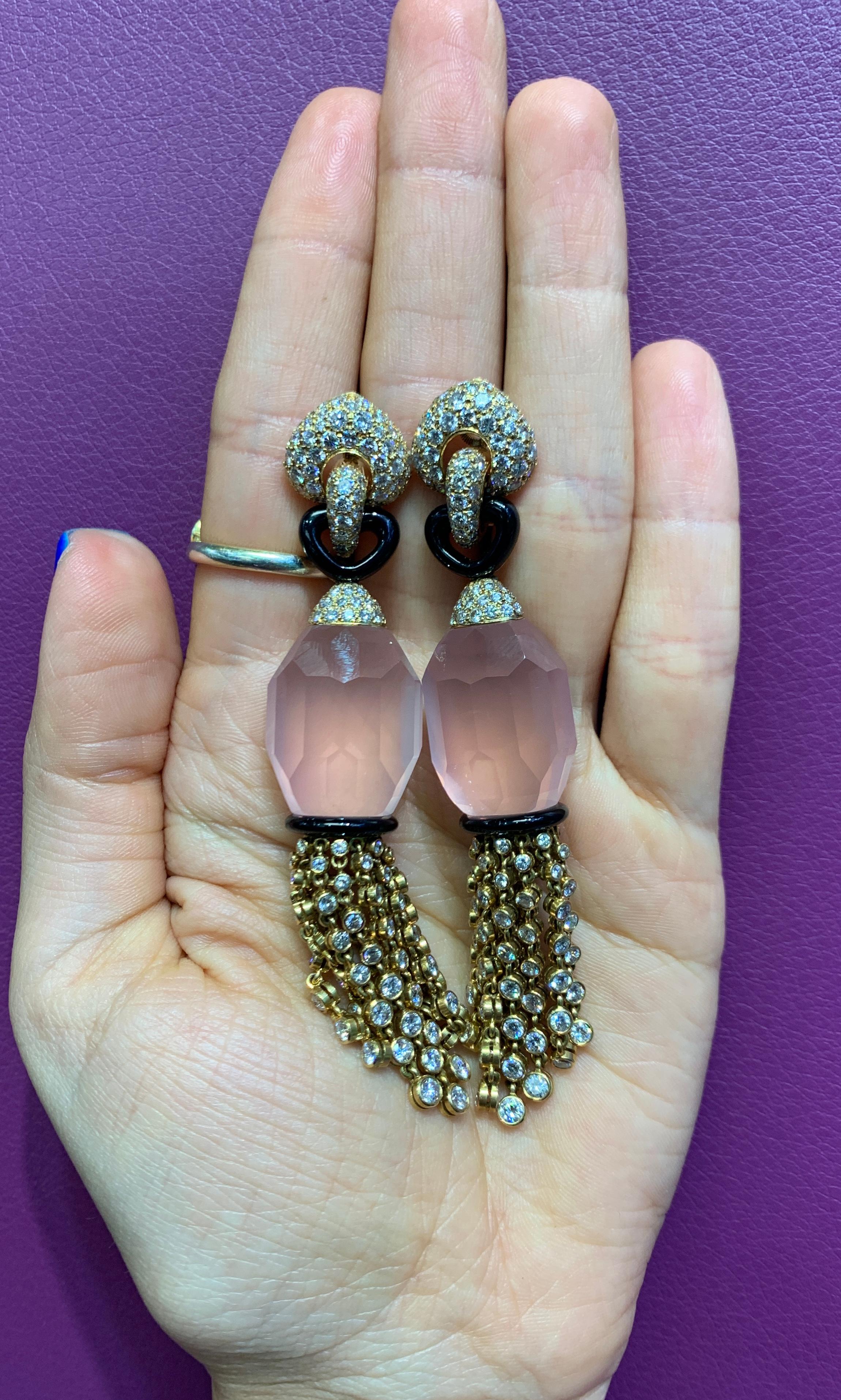 Cartier Rose Quartz Diamond Tassel Earrings In Excellent Condition In New York, NY