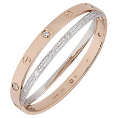 Cartier Rose & White Gold Diamond Pave Double Love Bracelet Size 17 N6039217