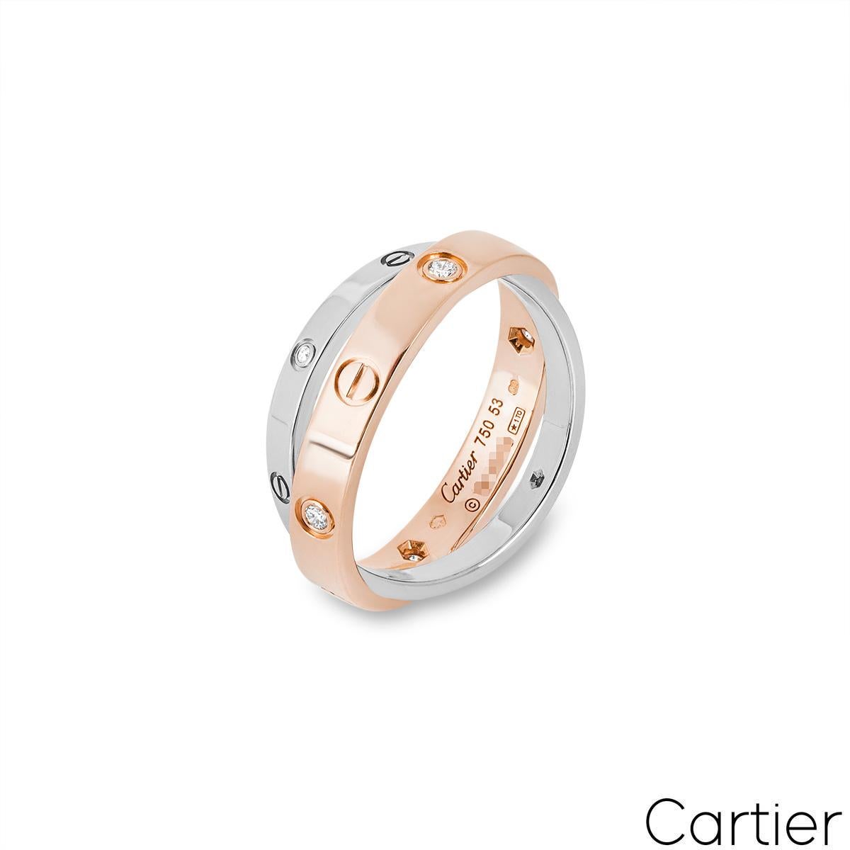 A stylish 18k rose and white gold diamond double ring by Cartier from the Love collection. The 3.5mm rose gold band is set with 4 round brilliant cut diamonds and alternating screw motifs. Interlinking is a 2.5mm white gold band set with 2 round