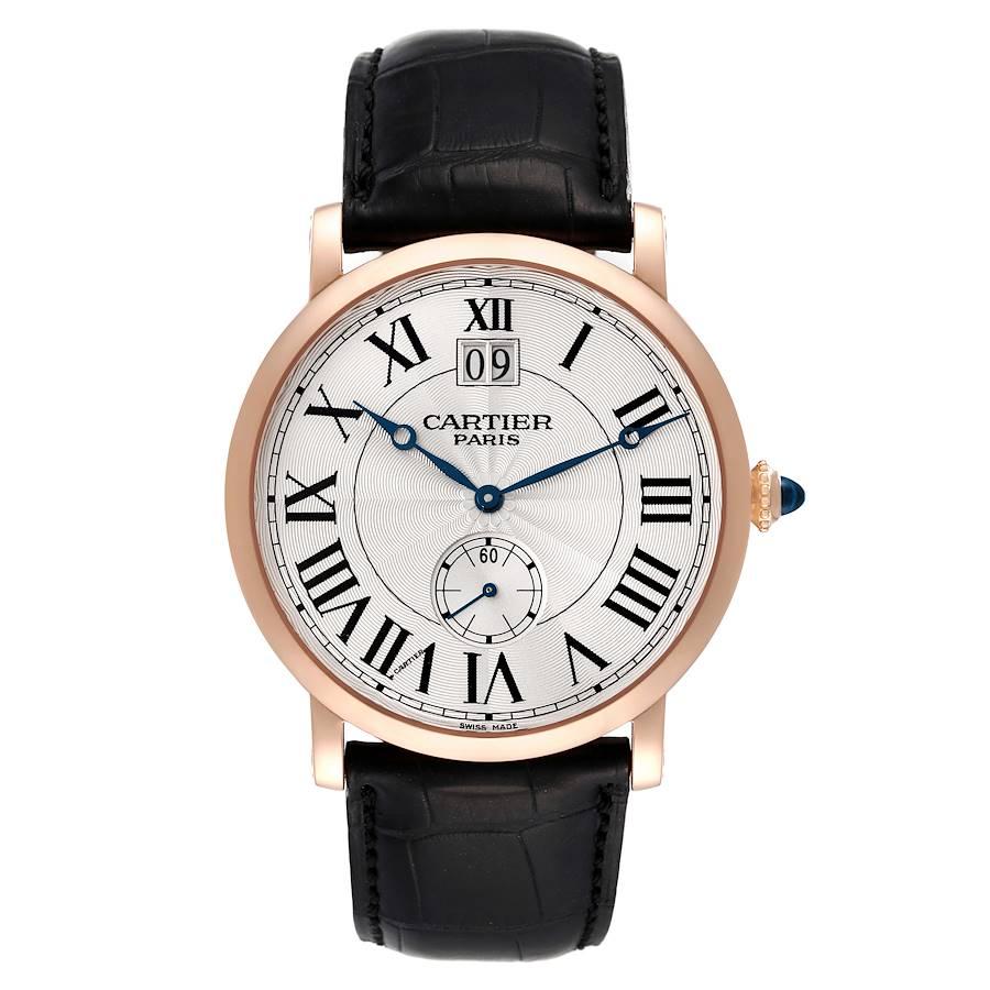Cartier Rotonde 18k Rose Gold Silver Dial Mens Watch W1550251. Manual winding movement. 18k rose gold case 42.0 mm in diameter. Fluted crown set with the blue spinel cabochon. . Scratch resistant sapphire crystal. Silver guilloche dial with black