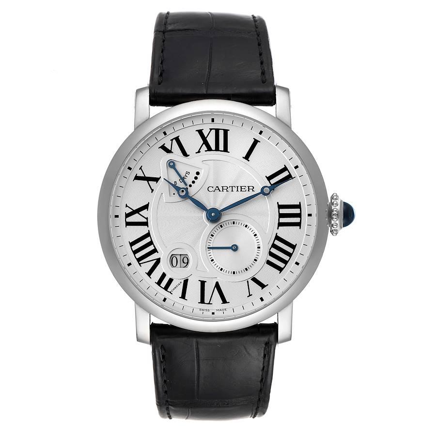 Cartier Rotonde 18k White Gold Silver Dial Mens Watch W1556202. Manual winding movement. 18k white gold case 42.0 mm in diameter. Circular grained crown set with the blue spinel cabochon. Exhibition sapphire crystal case back. . Scratch resistant