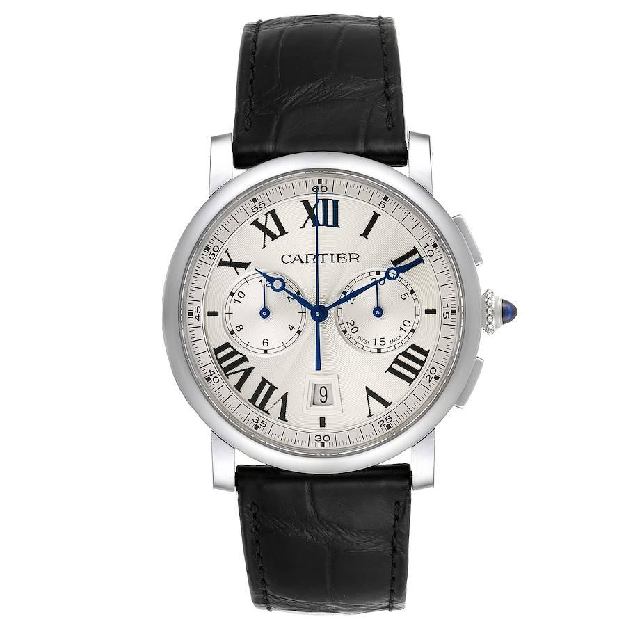 Cartier Rotonde Chronograph Steel Mens Watch WSRO0002 Box Papers. Automatic self-winding chronograph movement. Stainless steel case 40.0 mm in diameter. Circular grained crown set with the blue spinel cabochon. Exhibition sapphire crystal case back.