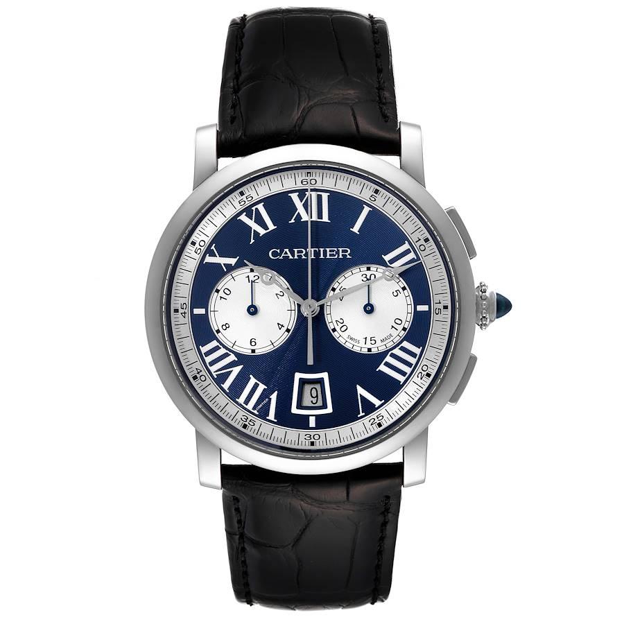 Cartier Rotonde Chronograph White Gold Blue Dial Mens Watch W1556239 Box Papers. Automatic self-winding chronograph movement. 18k white gold case 40.0 mm in diameter. Circular grained crown set with the blue spinel cabochon. Exhibition sapphire