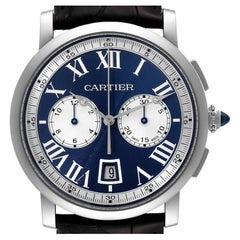 Cartier Rotonde Chronograph White Gold Blue Dial Mens Watch W1556239 Box Papers