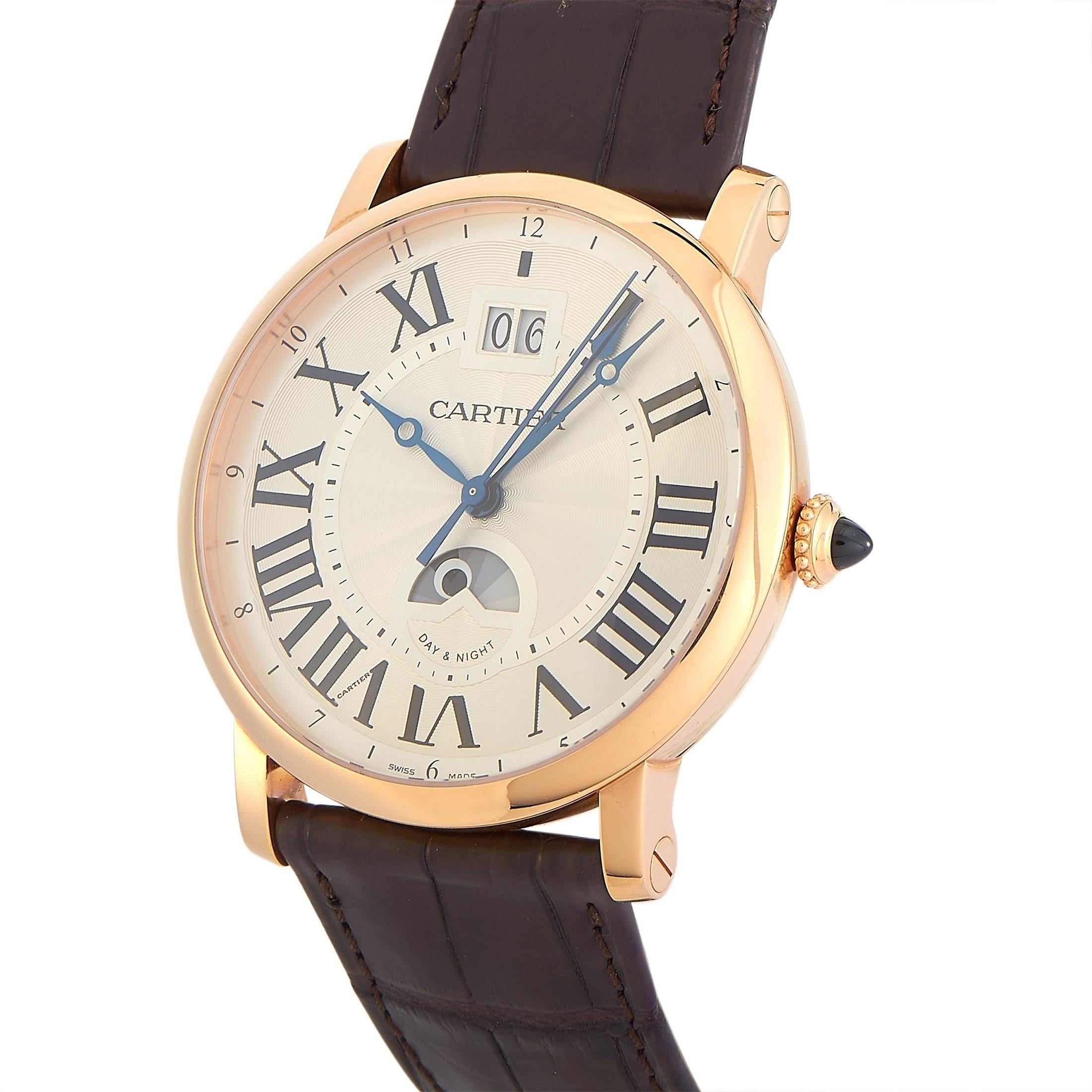 A highly desirable timepiece, the Cartier Rotonde de Cartier Big Date 18K Rose Gold Watch W1556220 is what you need to finish your outfit with a refined edge. This watch features a polished 42mm solid 18K rose gold case crafted in three parts. It