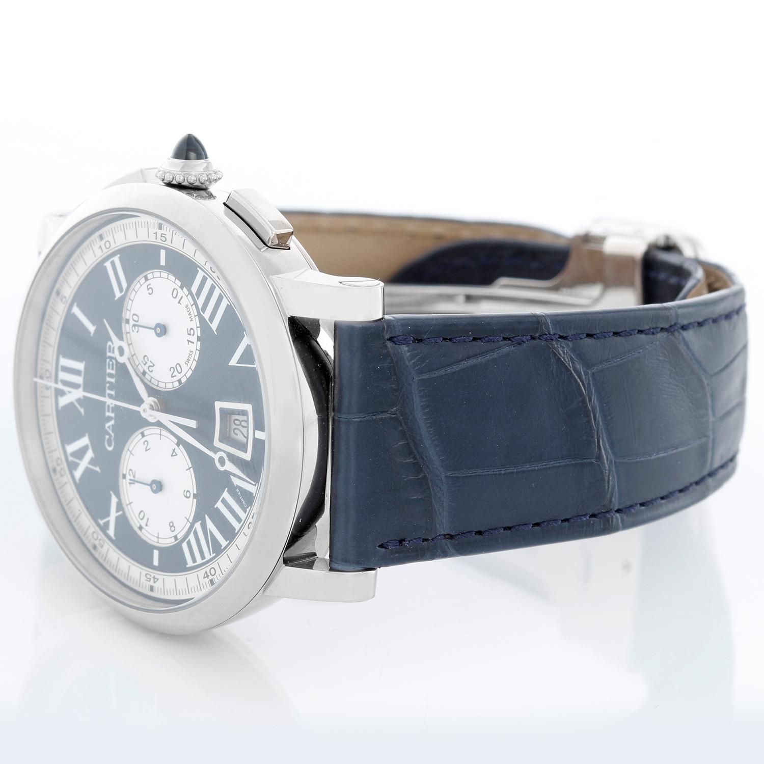 Cartier Rotonde De Cartier Limited Edition White Gold Ref 3769 Watch - Self-winding; chronograph. 18K White gold case ( 40 mm ). Sunburst blue dial with luminous white Roman numerals; subdials at 6 and 12 o'clock. Cartier strap with 18K white gold