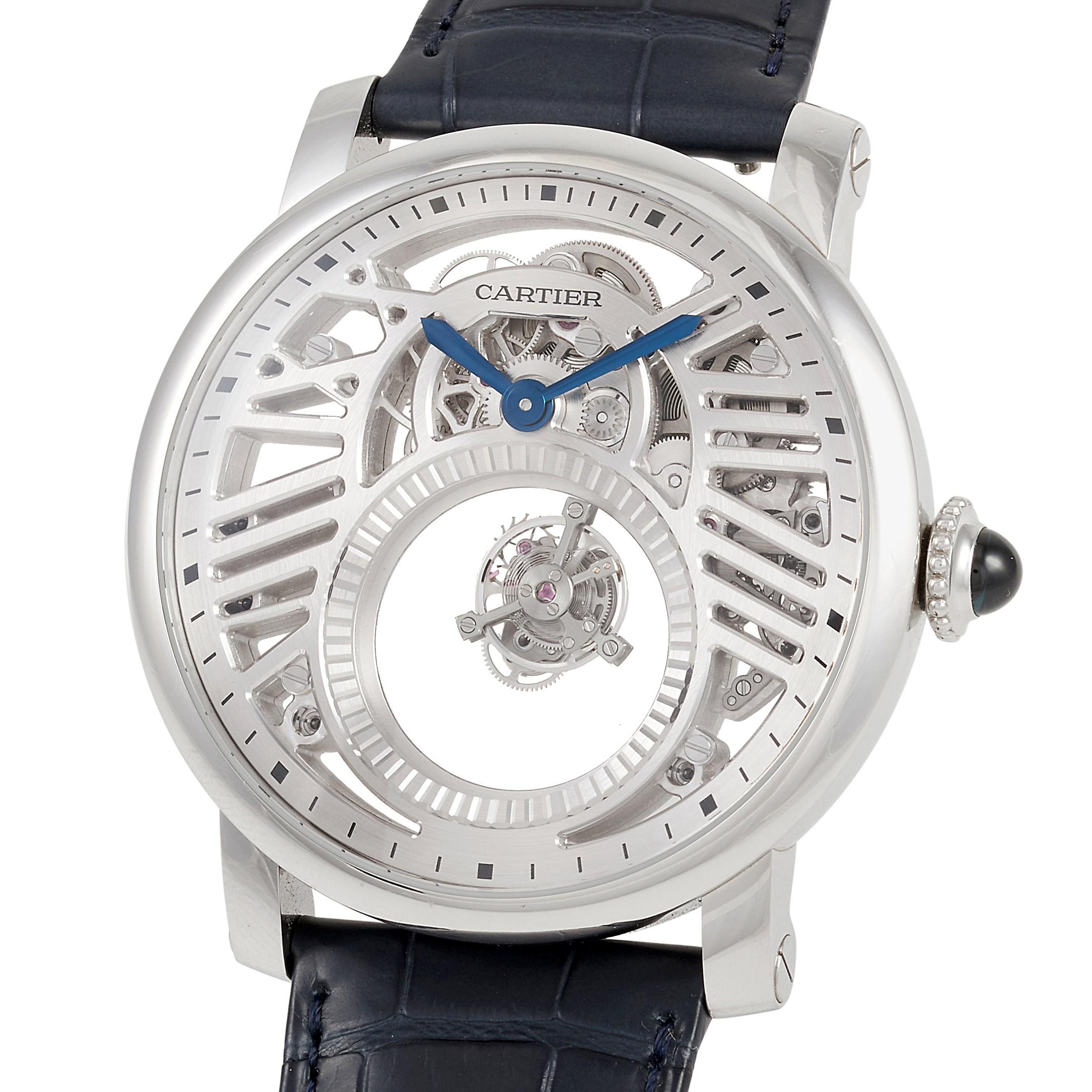 The 19th piece of only 30 pieces, this Rotonde de Cartier Skeleton Mysterious Double Tourbillion Men's Watch WHRO0039 is a limited edition watch that will take your collection to the next level. Powered by Caliber 9465 MC with 286 components and a