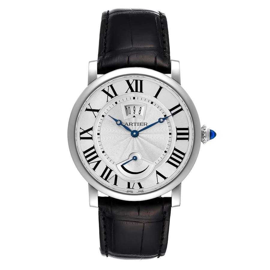 Cartier Rotonde Power Reserve Stainless Steel Mens Watch W1556369 Box Papers. Manual winding movement. Stainless steel case 40.0 mm in diameter. Fluted crown set with the blue spinel cabochon. . Scratch resistant sapphire crystal. Silver guilloche