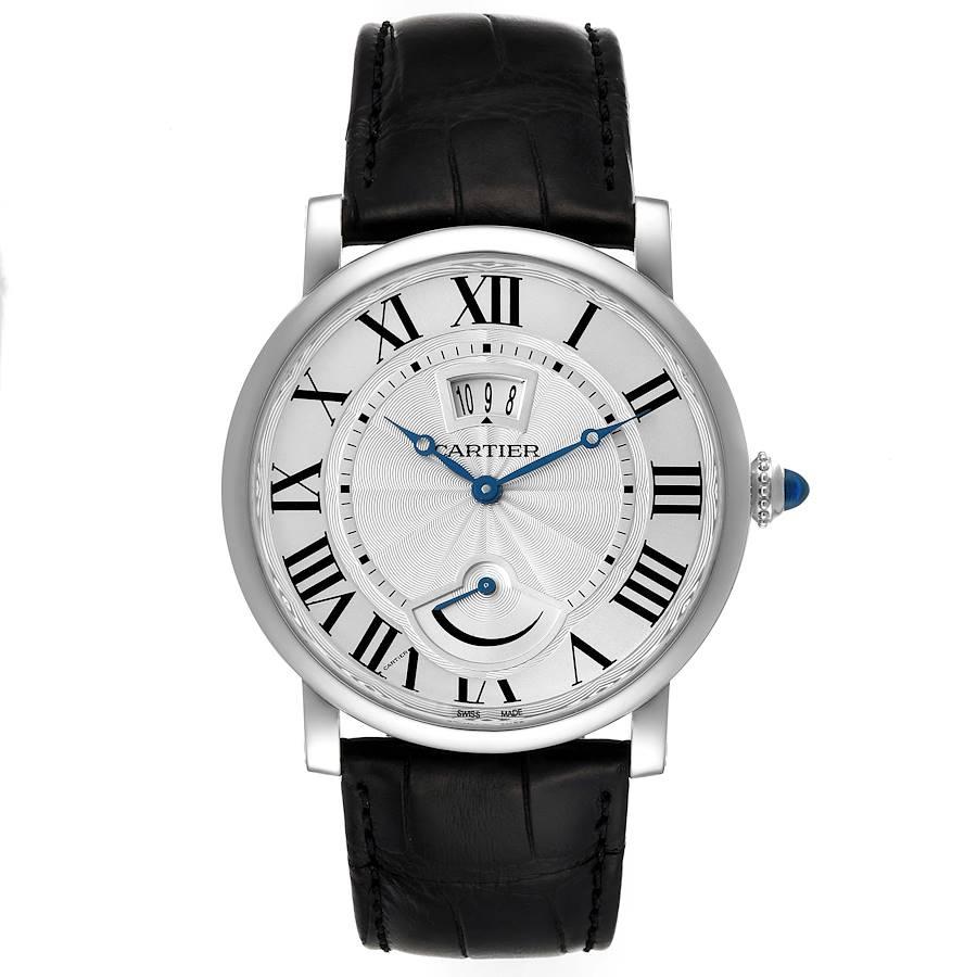 Cartier Rotonde Power Reserve Stainless Steel Mens Watch W1556369 Box Papers. Manual winding movement. Stainless steel case 40.0 mm in diameter. Fluted crown set with the blue spinel cabochon. . Scratch resistant sapphire crystal. Silver guilloche