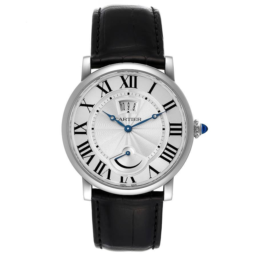 Cartier Rotonde Power Reserve Stainless Steel Mens Watch W1556369. Manual winding movement. Stainless steel case 40.0 mm in diameter. Fluted crown set with the blue spinel cabochon. . Scratch resistant sapphire crystal. Silver guilloche dial with