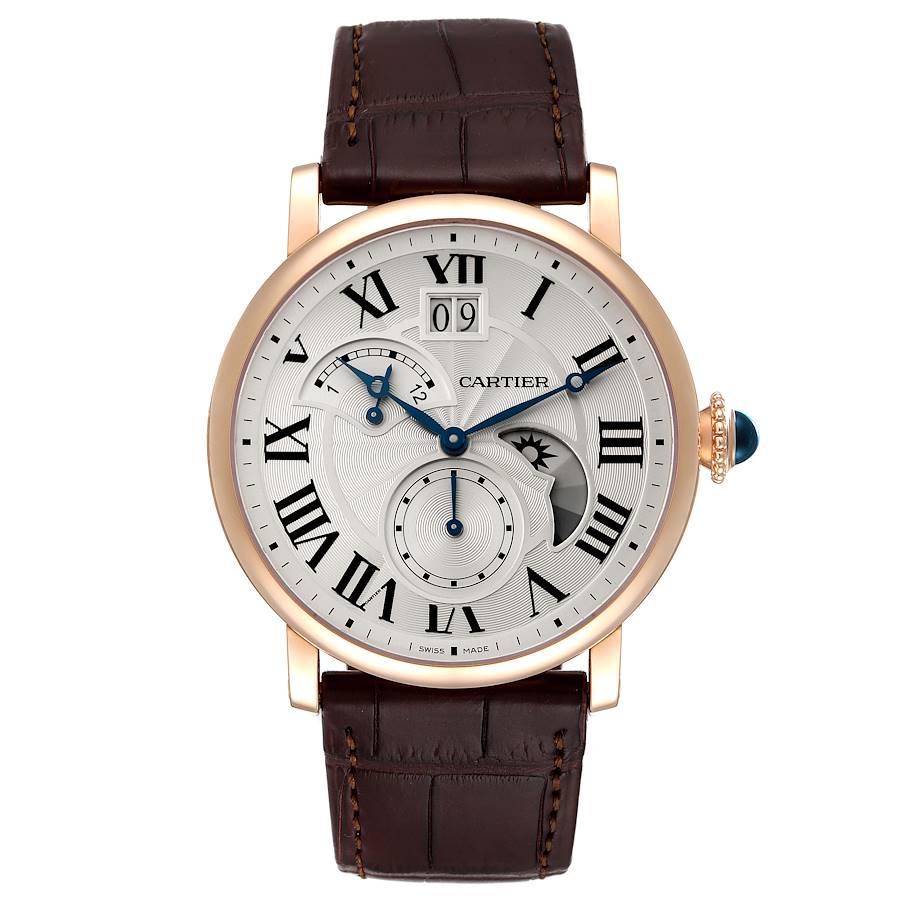Cartier Rotonde Retrograde GMT Time Zone Rose Gold Watch W1556240 Box Card. Automatic self-winding movement. GMT Time Zone, Retrograde. 18k rose gold case 42.0 mm in diameter. Circular grained crown set with the blue spinel cabochon. Exhibition