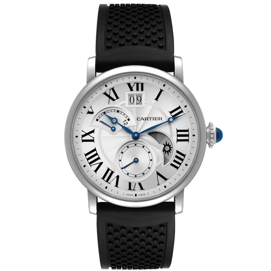 Cartier Rotonde Retrograde GMT Time Zone Steel Mens Watch W1556368 Box Papers. Automatic self-winding movement. GMT Time Zone, Retrograde. Stainless steel case 42.0 mm in diameter. Circular grained crown set with the blue spinel cabochon. Exhibition