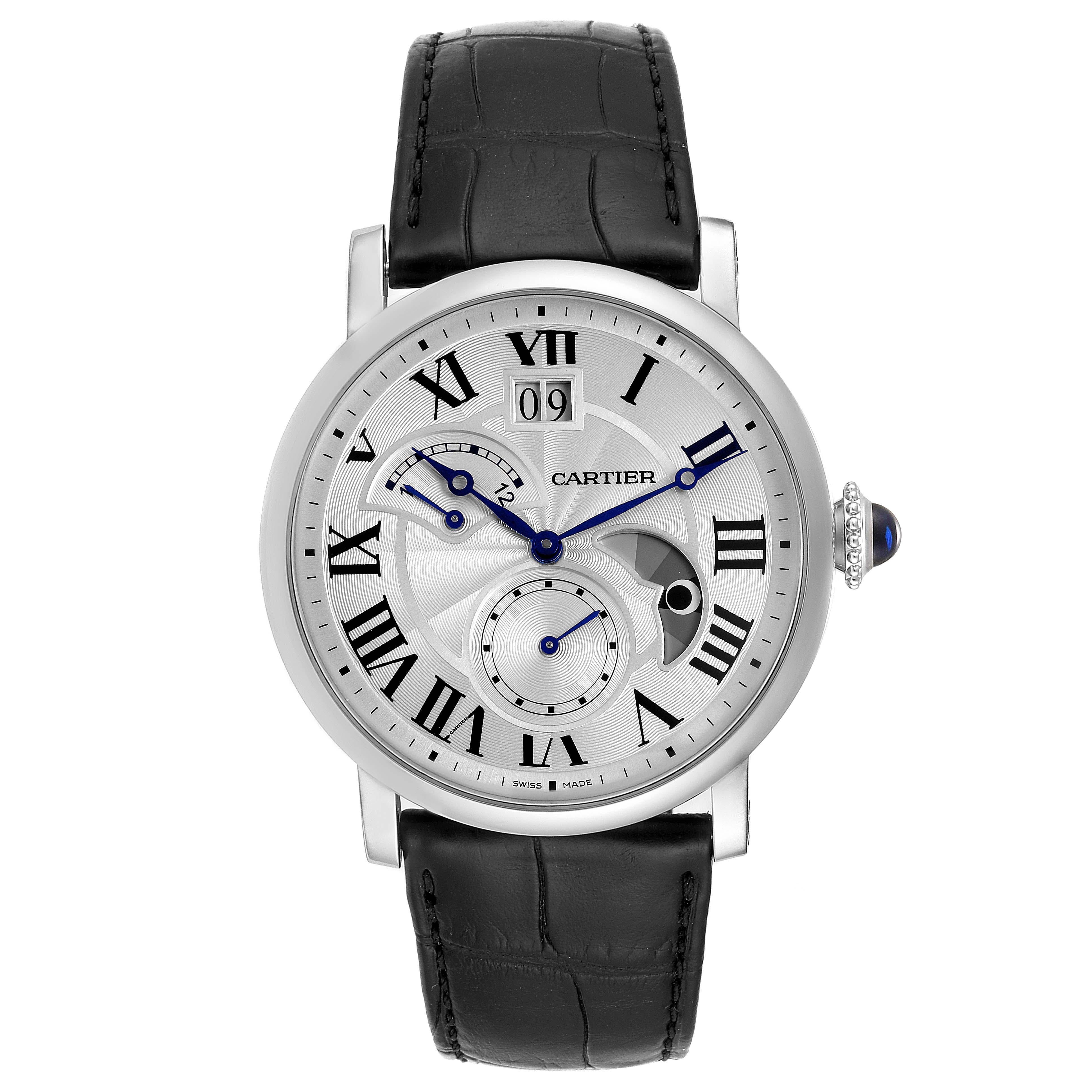 Cartier Rotonde Retrograde GMT Time Zone Steel Mens Watch W1556368. Automatic self-winding movement. GMT Time Zone, Retrograde. Stainless steel case 37.0 mm in diameter. Circular grained crown set with the blue spinel cabochon. Exhibition sapphire