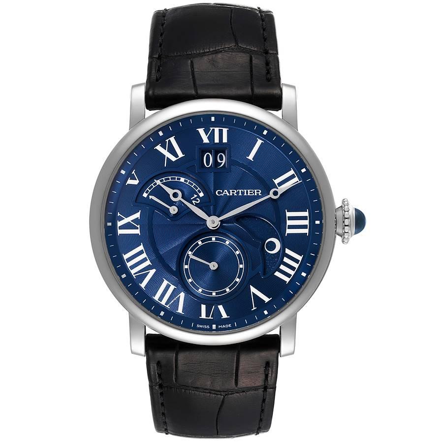 Cartier Rotonde Retrograde GMT Time Zone White Gold Mens Watch W1556241. Automatic self-winding movement. GMT Time Zone, Retrograde. 18k white gold case 42.0 mm in diameter. Circular grained crown set with the blue spinel cabochon. Exhibition