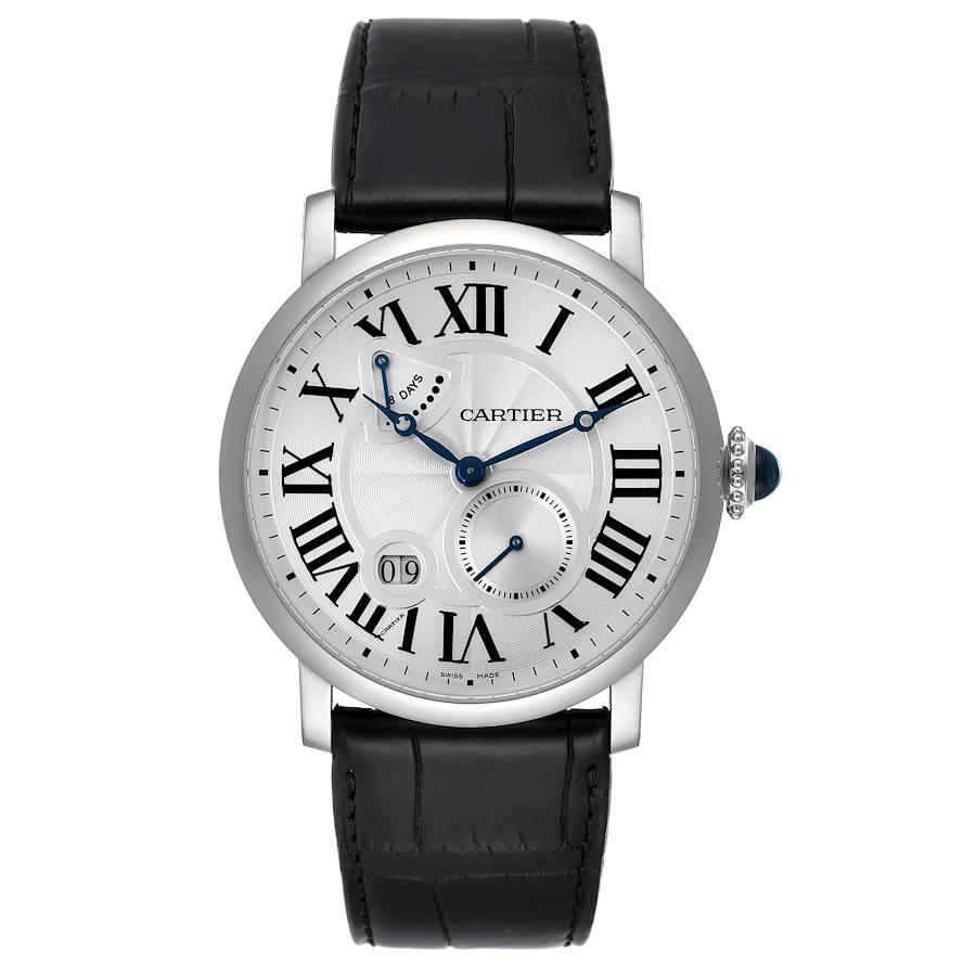 Cartier Rotonde Silver Dial White Gold Mens Watch W1556202 Box Papers. Manual winding movement. 18k white gold case 42.0 mm in diameter. Circular grained crown set with the blue spinel cabochon. Exhibition sapphire crystal case back. . Scratch