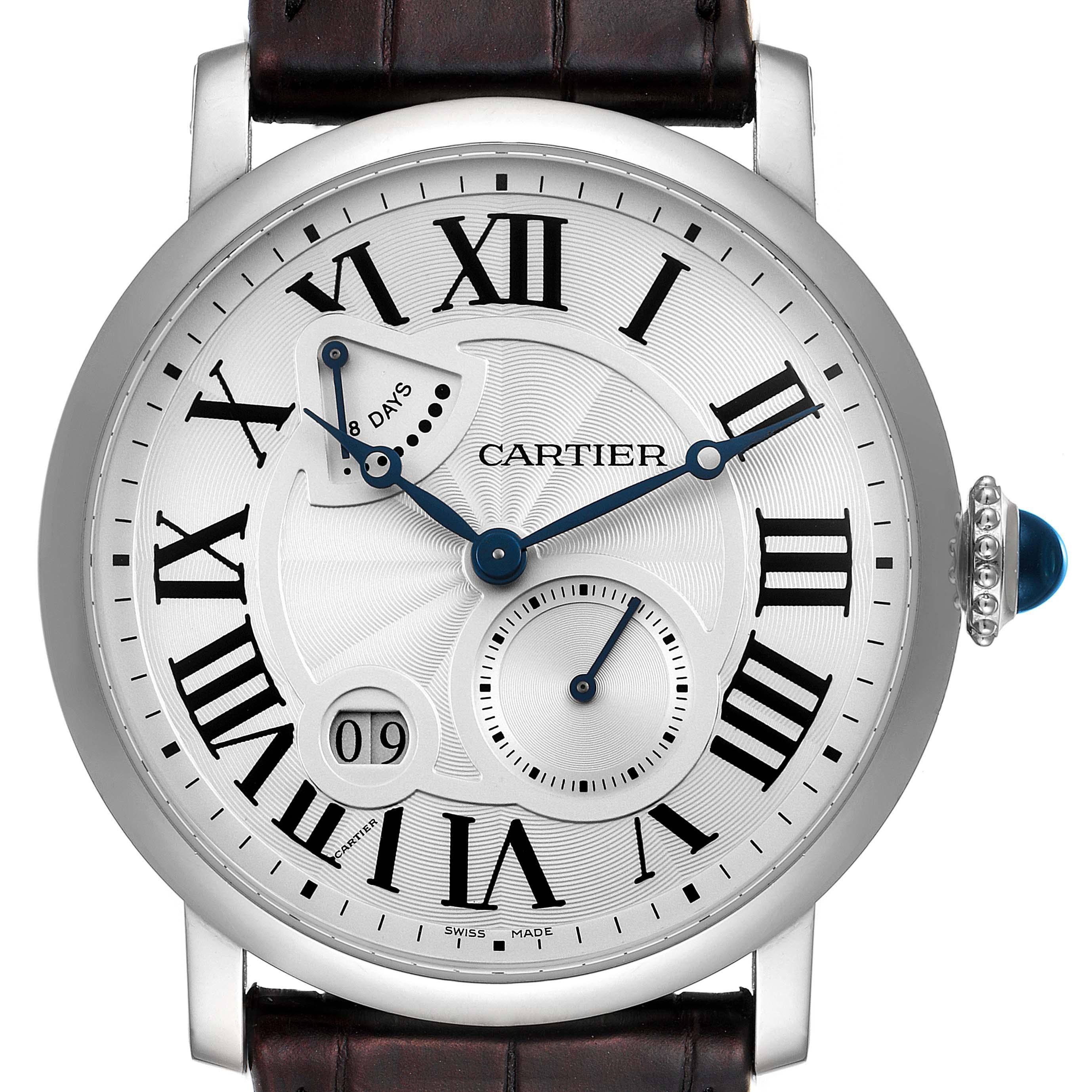 Cartier Rotonde Silver Dial White Gold Mens Watch W1556202. Manual winding movement. 18k white gold case 42.0 mm in diameter. Circular grained crown set with the blue spinel cabochon. Exhibition sapphire crystal case back. . Scratch resistant