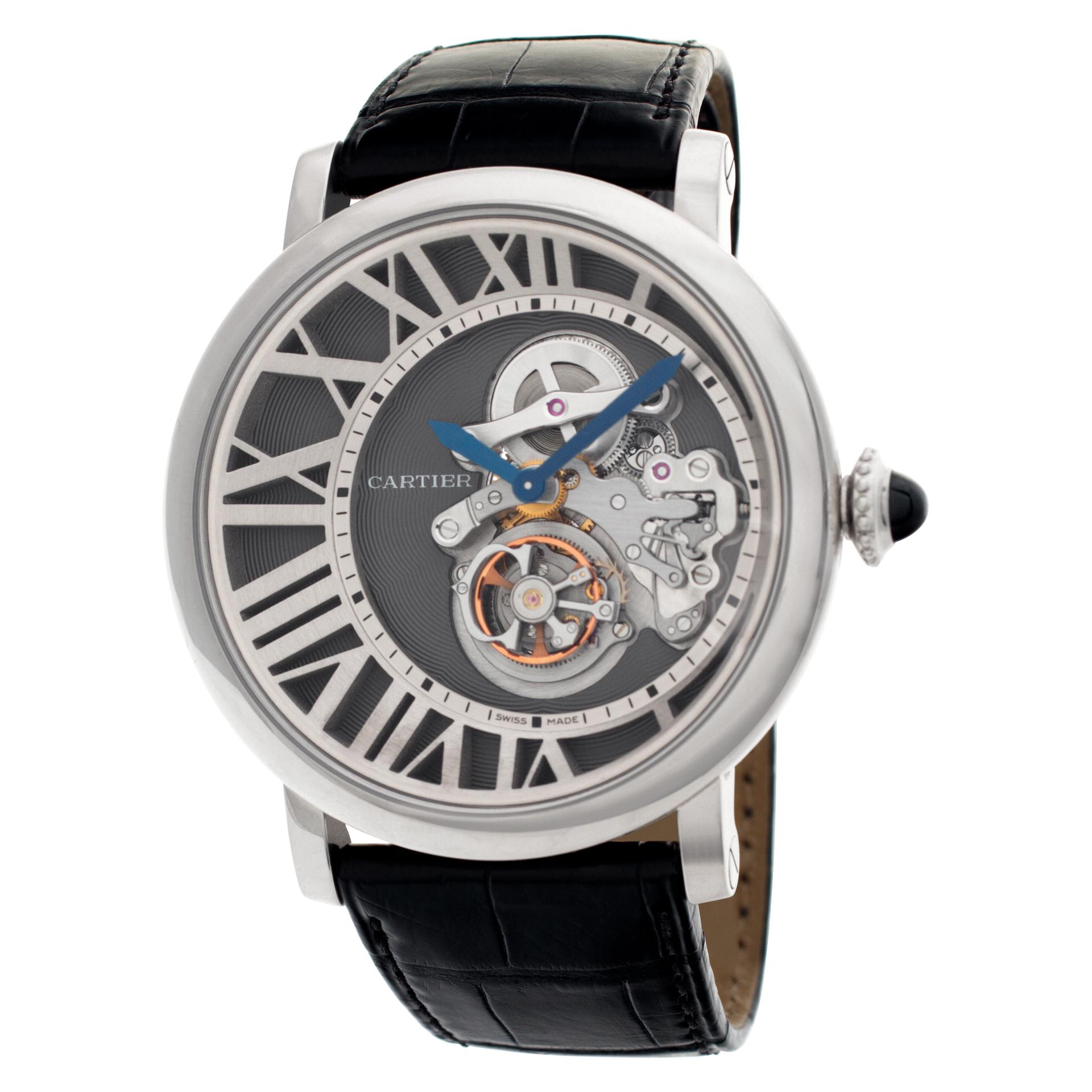 Cadran Love Rotonde de Cartier Reversed Dial Tourbillon with 18K white gold case, beaded crown set with a sapphire cabochon, slate-colored galvanized guilloché dial, 18K white gold grid in the form of Roman numerals, circular satin finish,