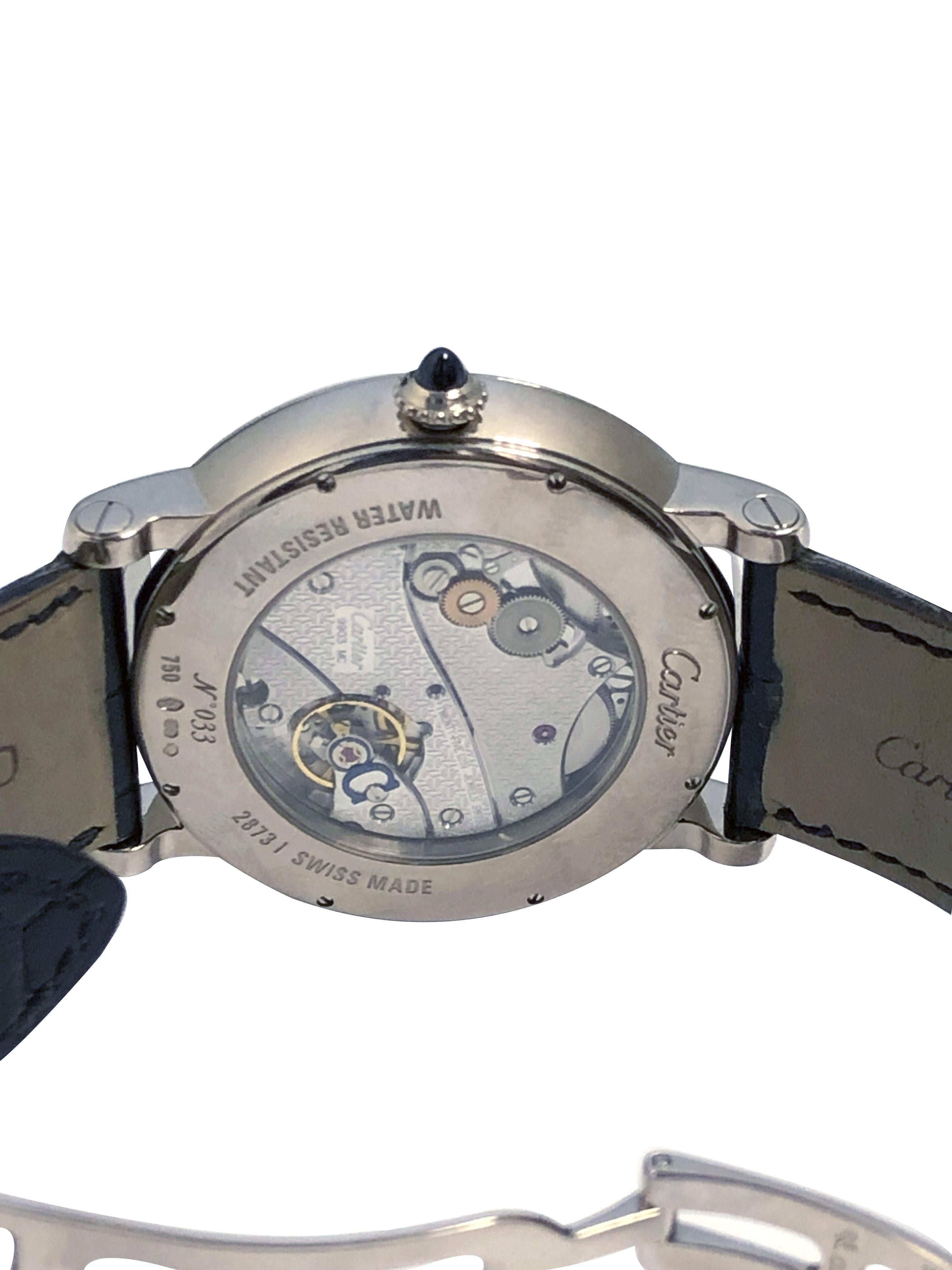 Circa 2000 Cartier Rotonde De Cartier Reference 2873 I Wrist Watch, 42 M.M 18k White Gold water resistant 3 piece 12 M.M thick case with Exhibition glass back. Caliber 9903 MC 25 Jewel Mechanical, Manual wind movement, Sapphire Glass Crystal front