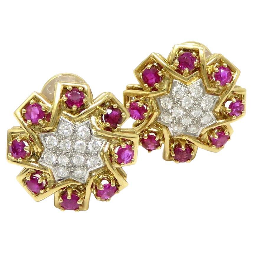 Round Cut Tiffany&Co. Rubies Diamond Yellow Gold Earrings For Sale