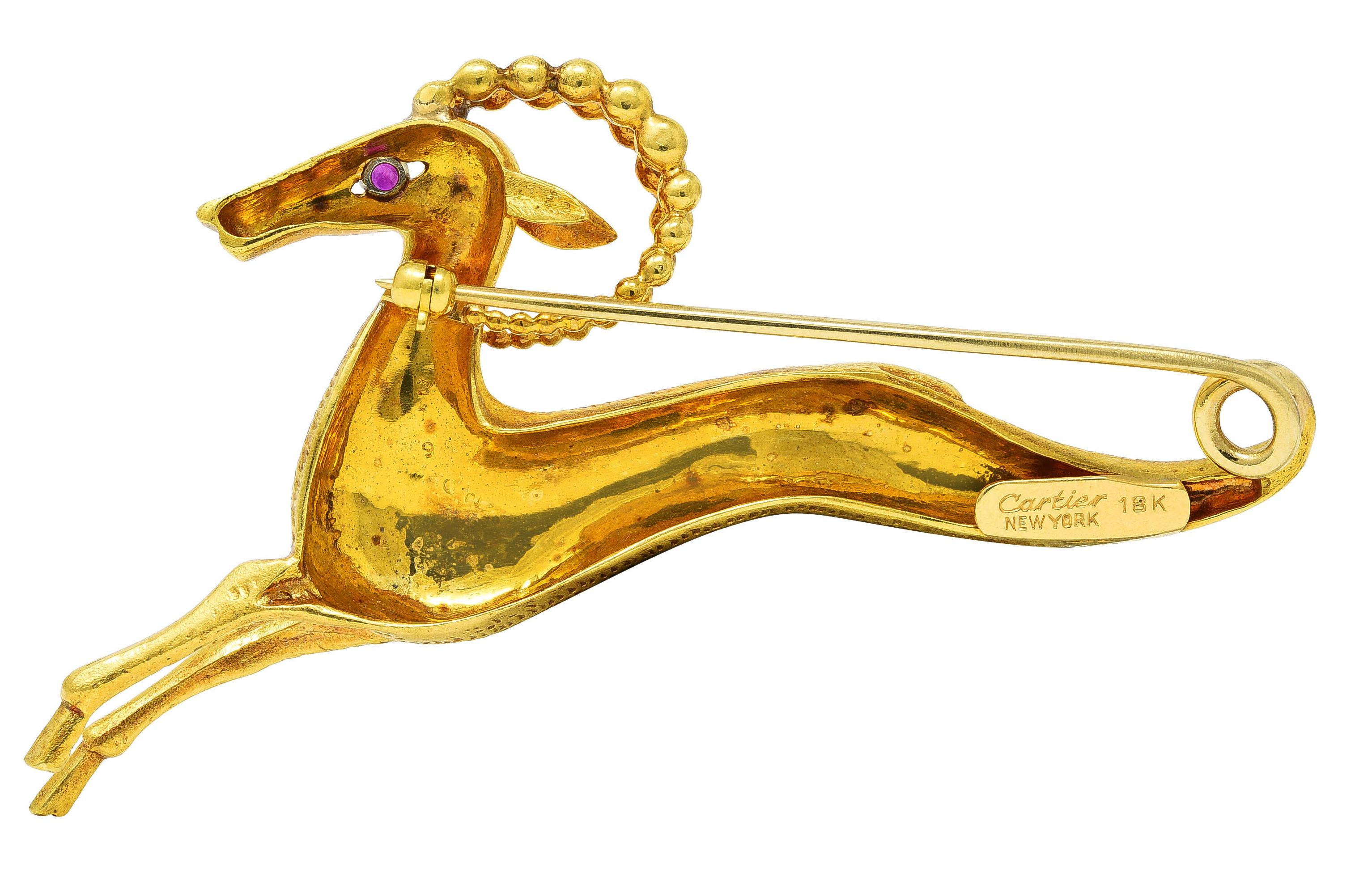 Cartier Rubin 18 Karat Gelbgold Whimsical Gazelle Vintage Brosche (Zeitgenössisch) im Angebot