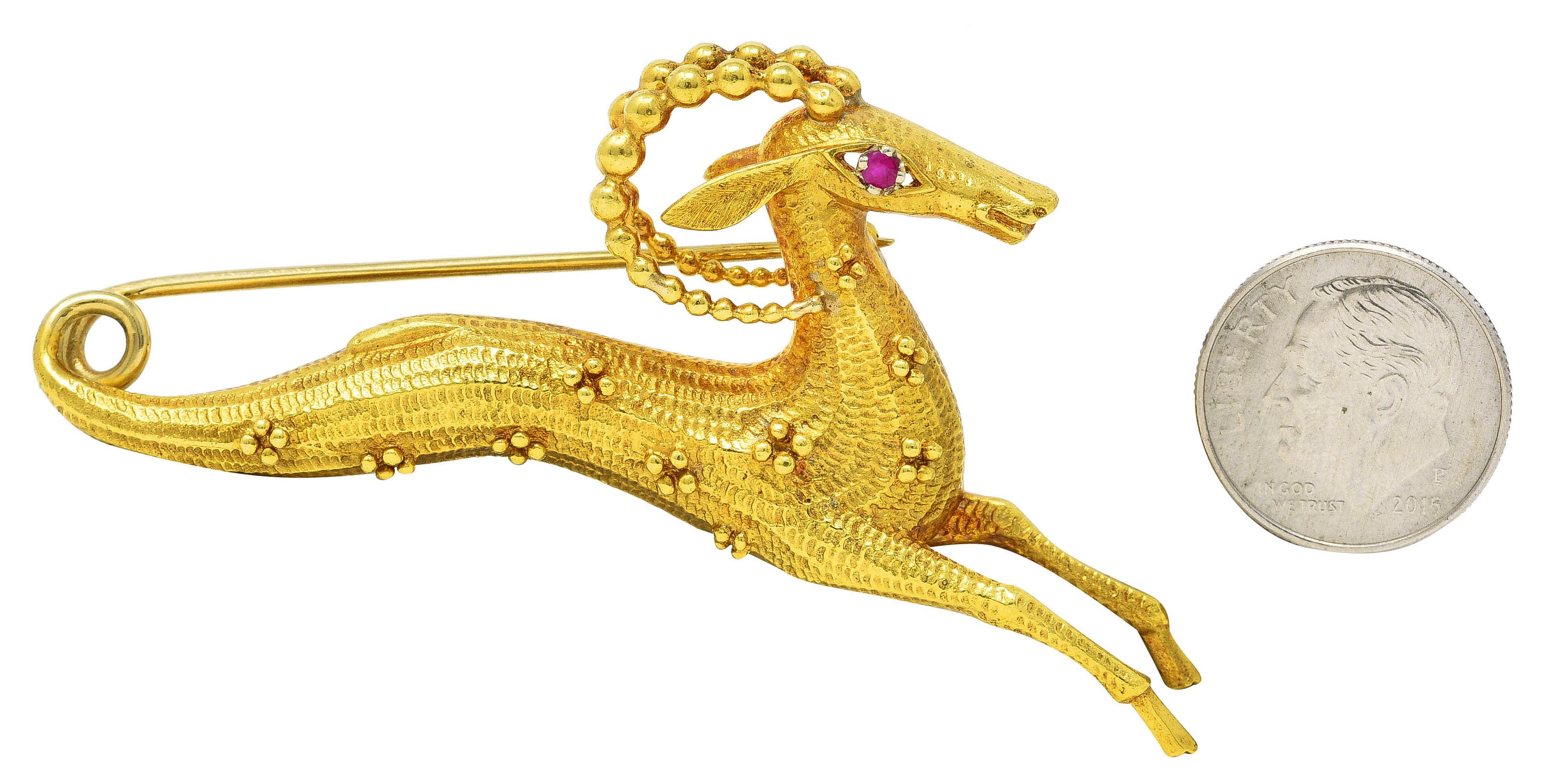 Round Cut Cartier Ruby 18 Karat Yellow Gold Whimsical Gazelle Vintage Brooch For Sale