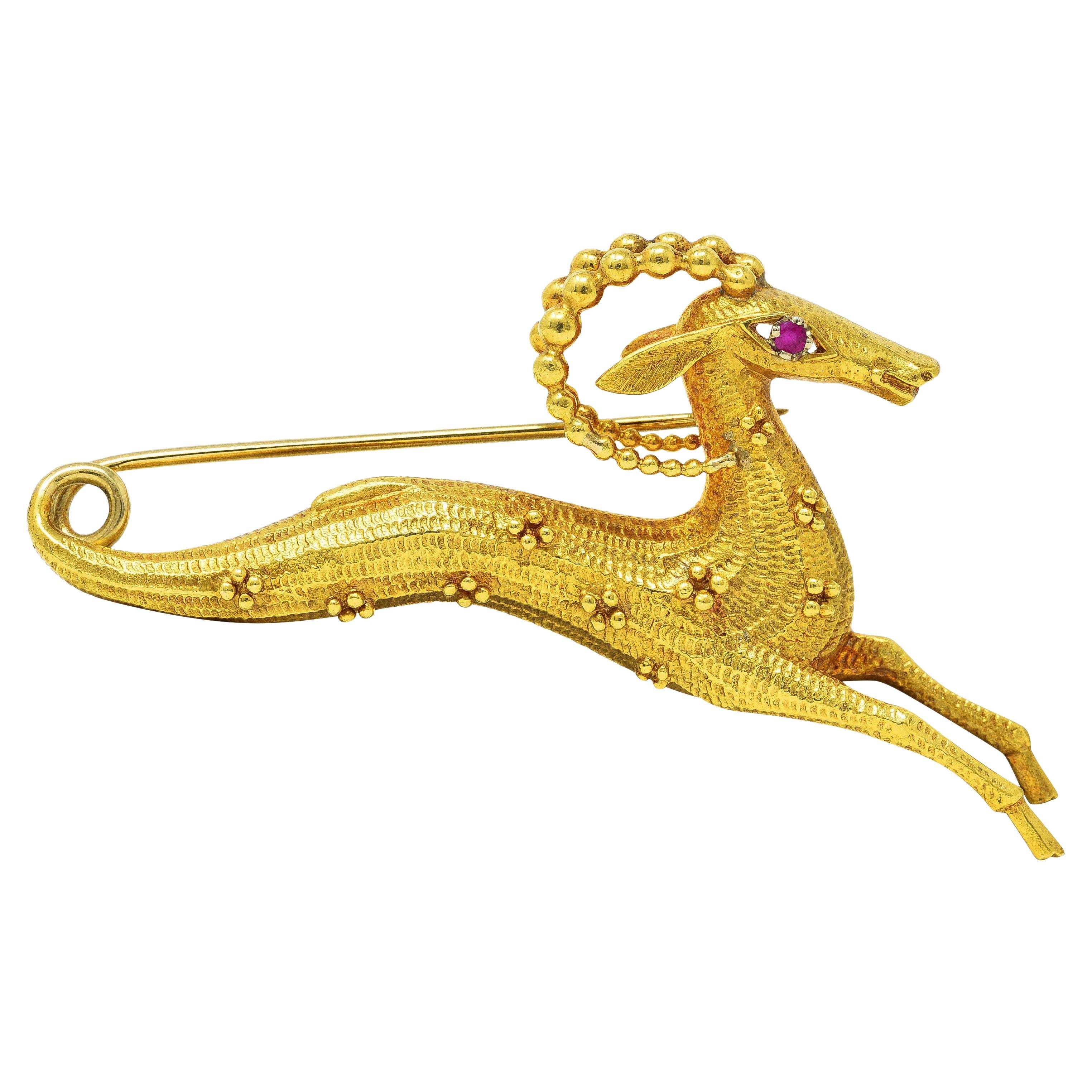 Cartier Ruby 18 Karat Yellow Gold Whimsical Gazelle Vintage Brooch For Sale