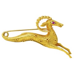 Cartier Ruby 18 Karat Yellow Gold Whimsical Gazelle Antique Brooch