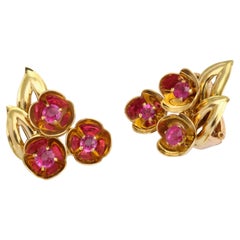 Vintage Cartier Ruby and 18 Karat Yellow Gold Flower Earrings, circa 1940s