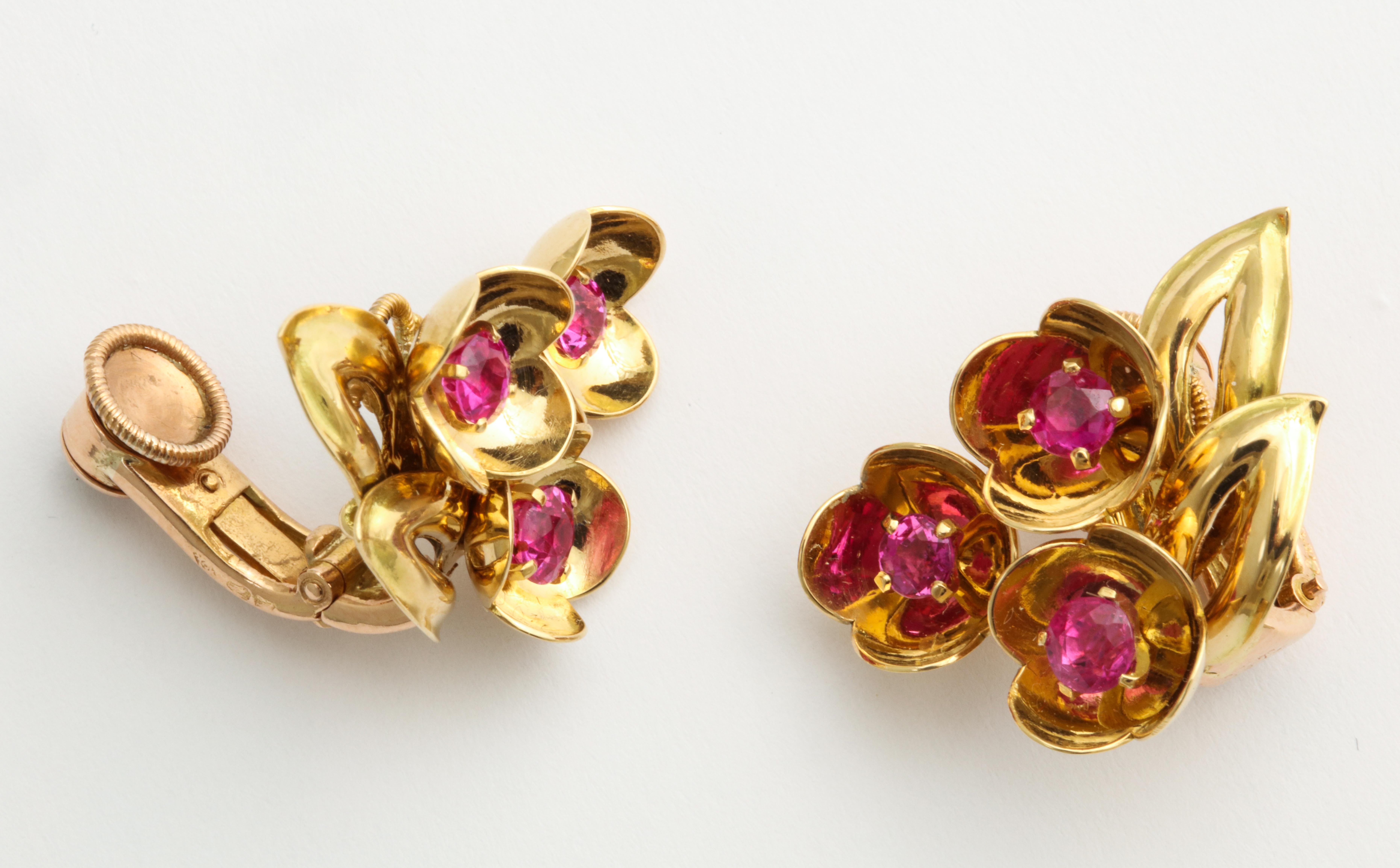 Cartier Ruby and 18 Karat Yellow Gold Flower Earrings, circa 1940s 1