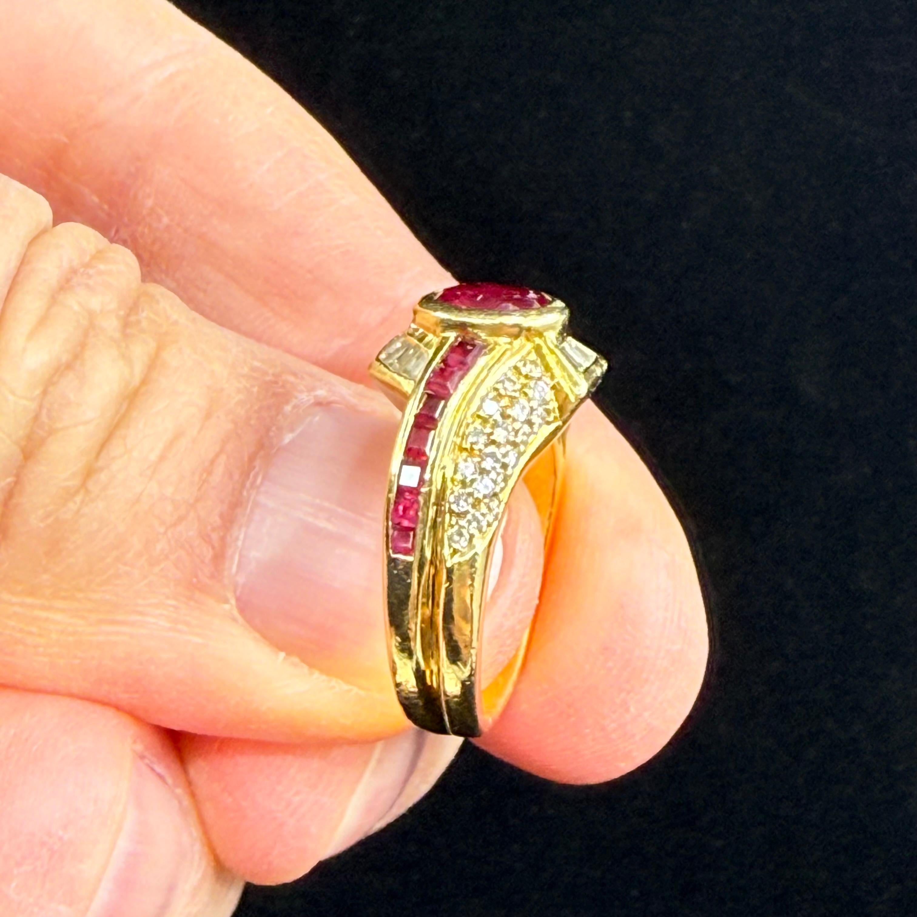 Baguette Cut Cartier Ruby and Diamond 18k Yellow Gold Cocktail Ring 1980's For Sale