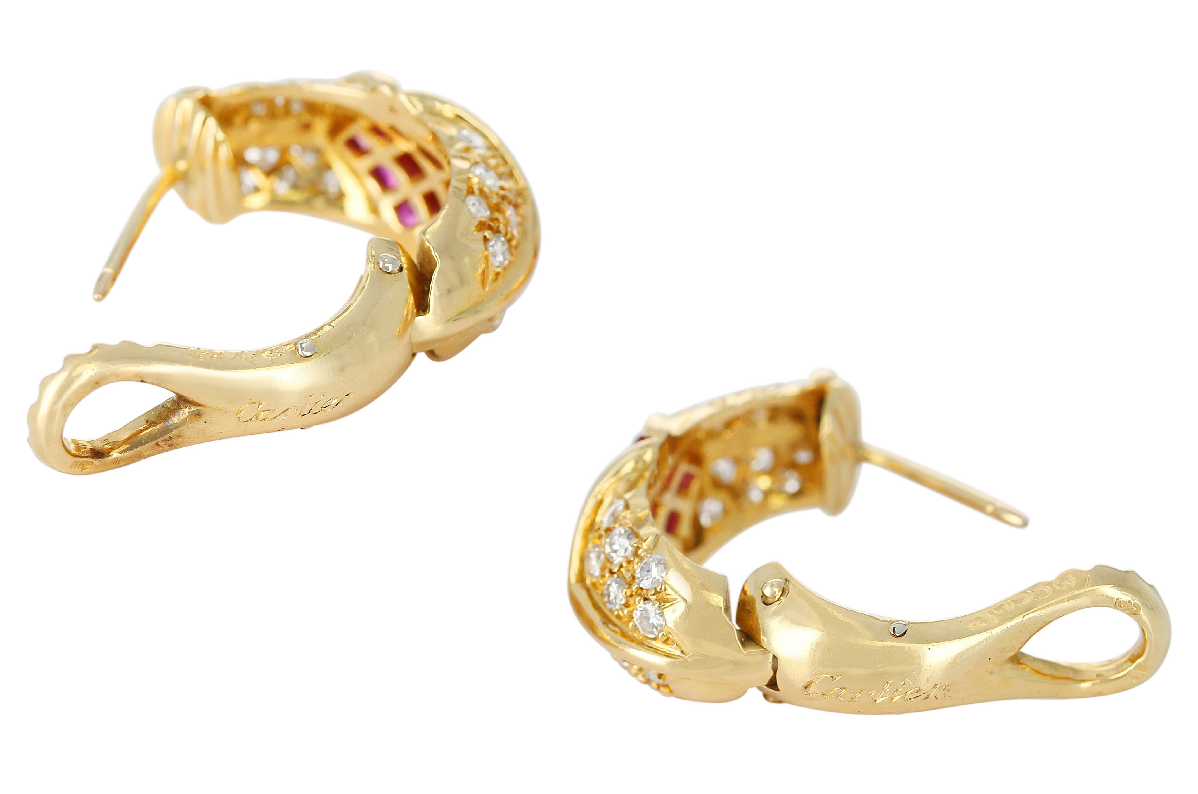Square Cut Cartier Ruby and Diamond Earrings, 18 Karat Yellow Gold
