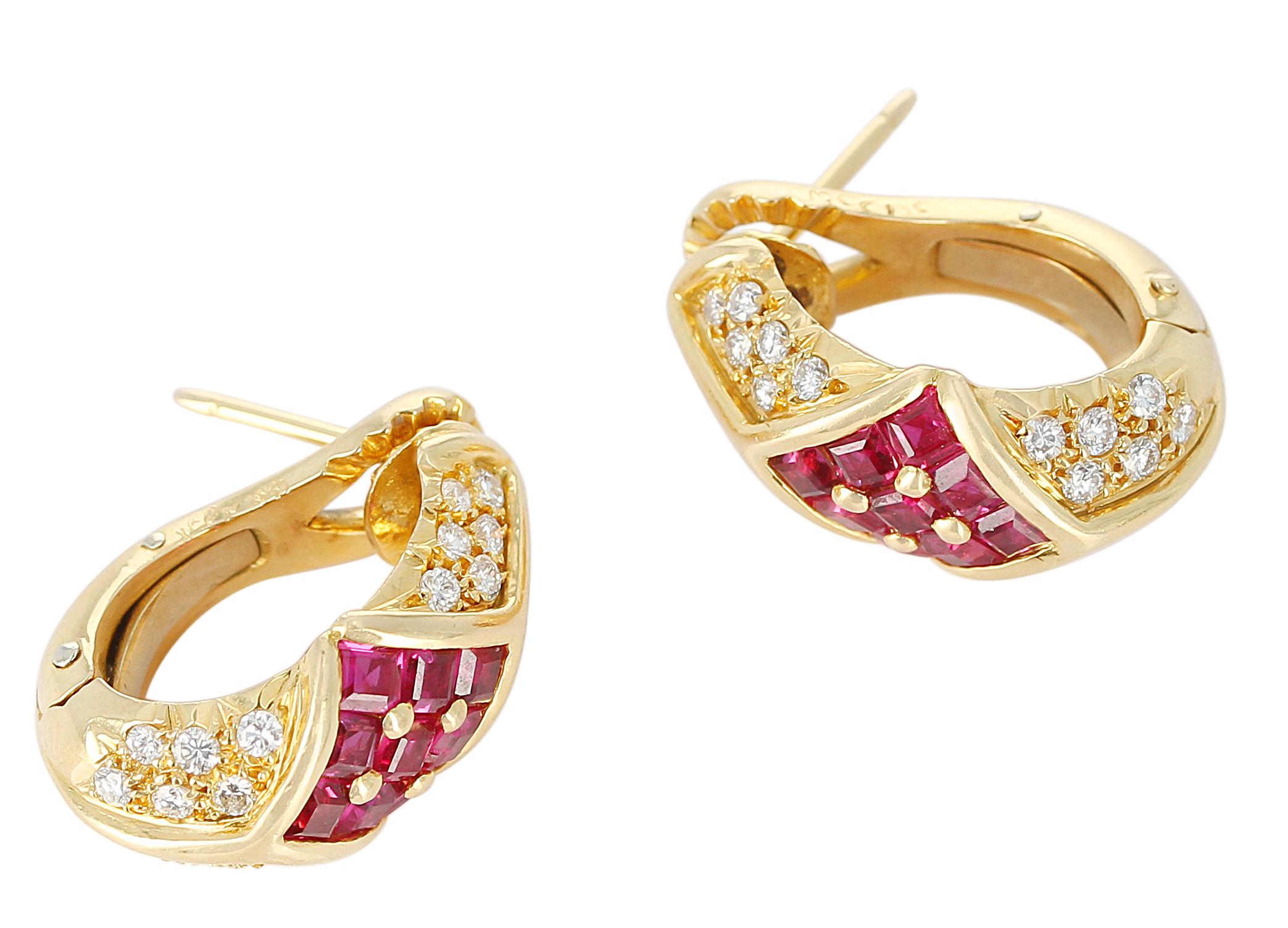 Women's or Men's Cartier Ruby and Diamond Earrings, 18 Karat Yellow Gold