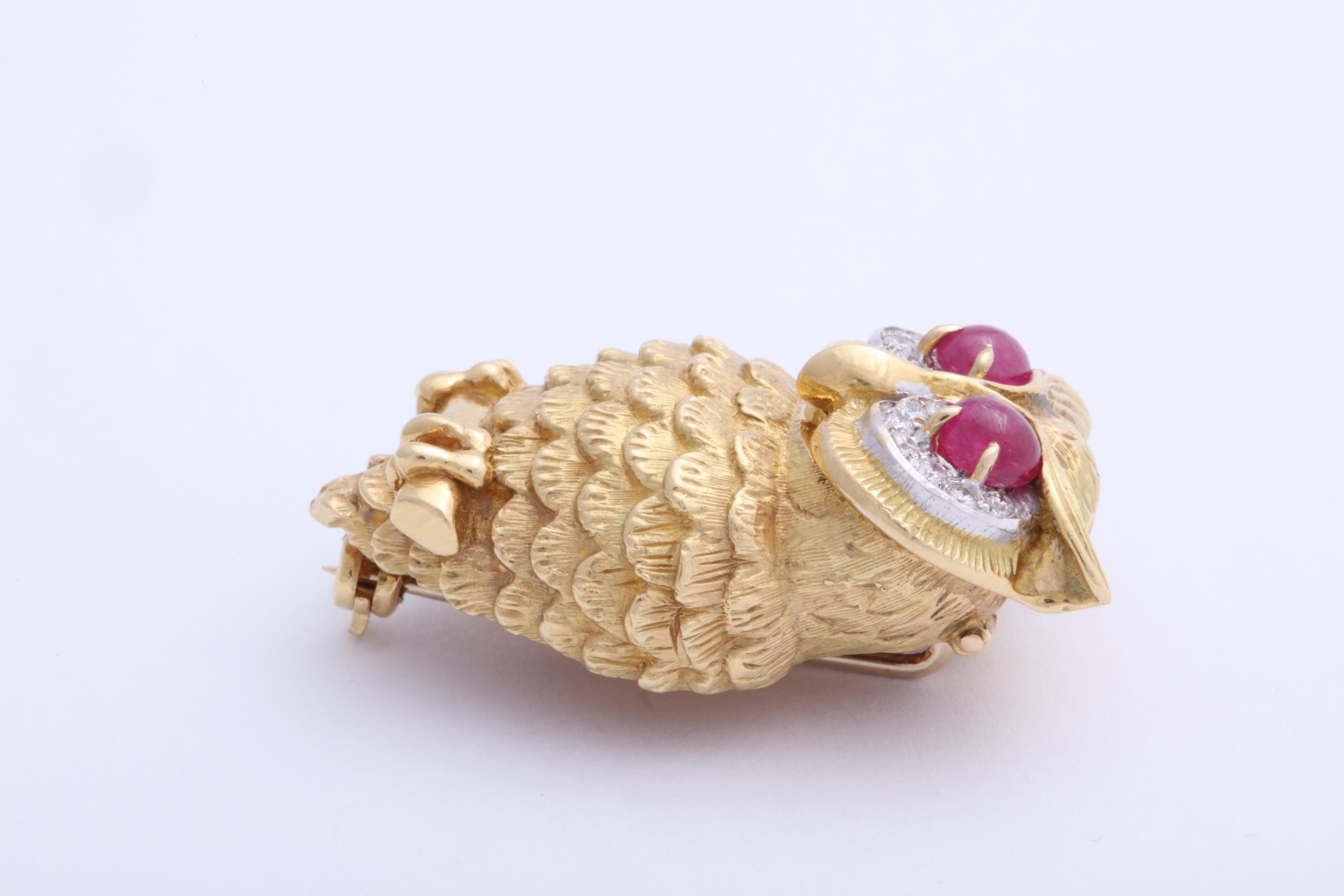 Women's or Men's Cartier Ruby and Diamond Owl Brooch