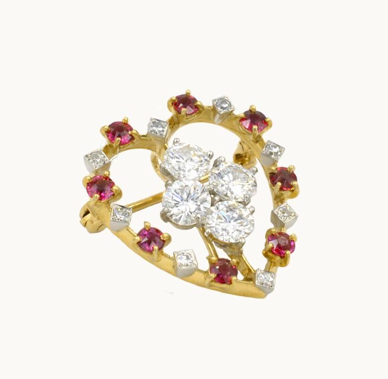 Cartier Ruby and Diamond Platinum and 18 Karat Gold Heart Brooch In Excellent Condition For Sale In Los Angeles, CA