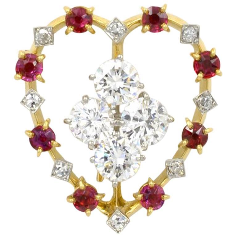 Cartier Ruby and Diamond Platinum and 18 Karat Gold Heart Brooch For Sale