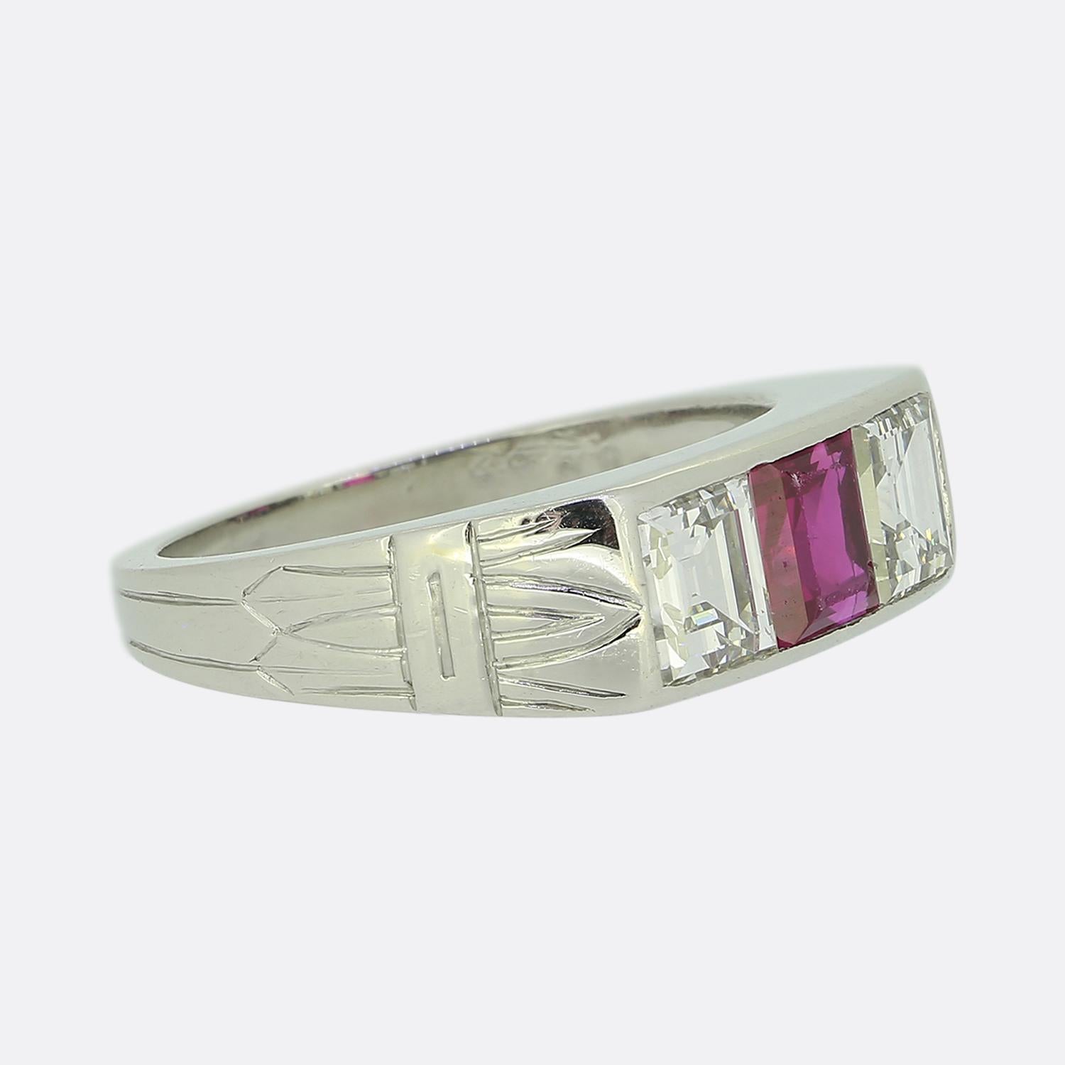 Square Cut Cartier Ruby and Diamond Three-Stone Ring For Sale