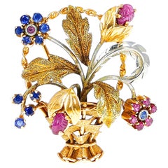 Cartier Ruby and Sapphire Flower Bouquet Brooch, 18 Karat Two Tone Gold