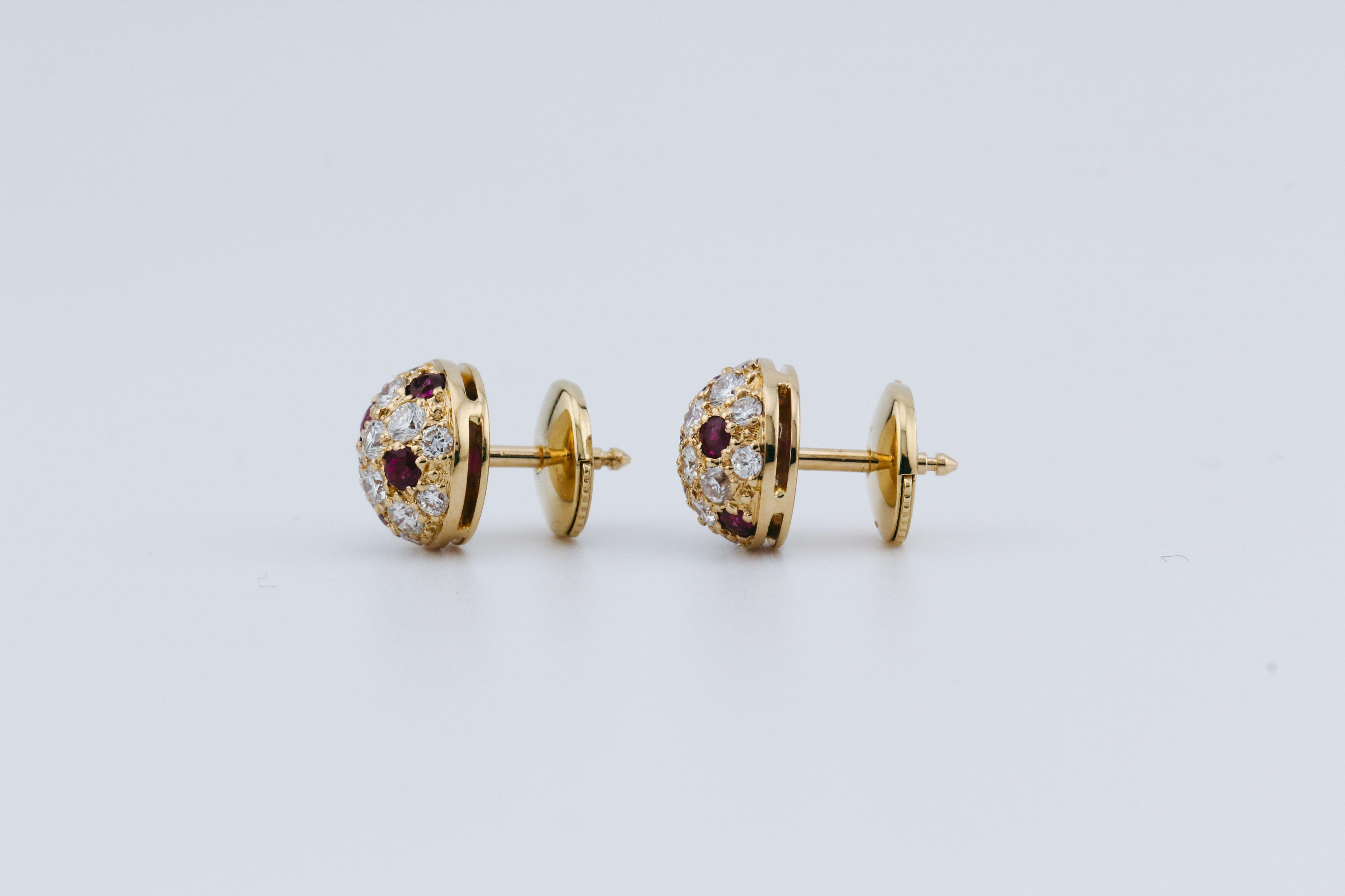 Brilliant Cut Cartier Ruby Diamond 18K Yellow Gold Petite Dome Earrings For Sale