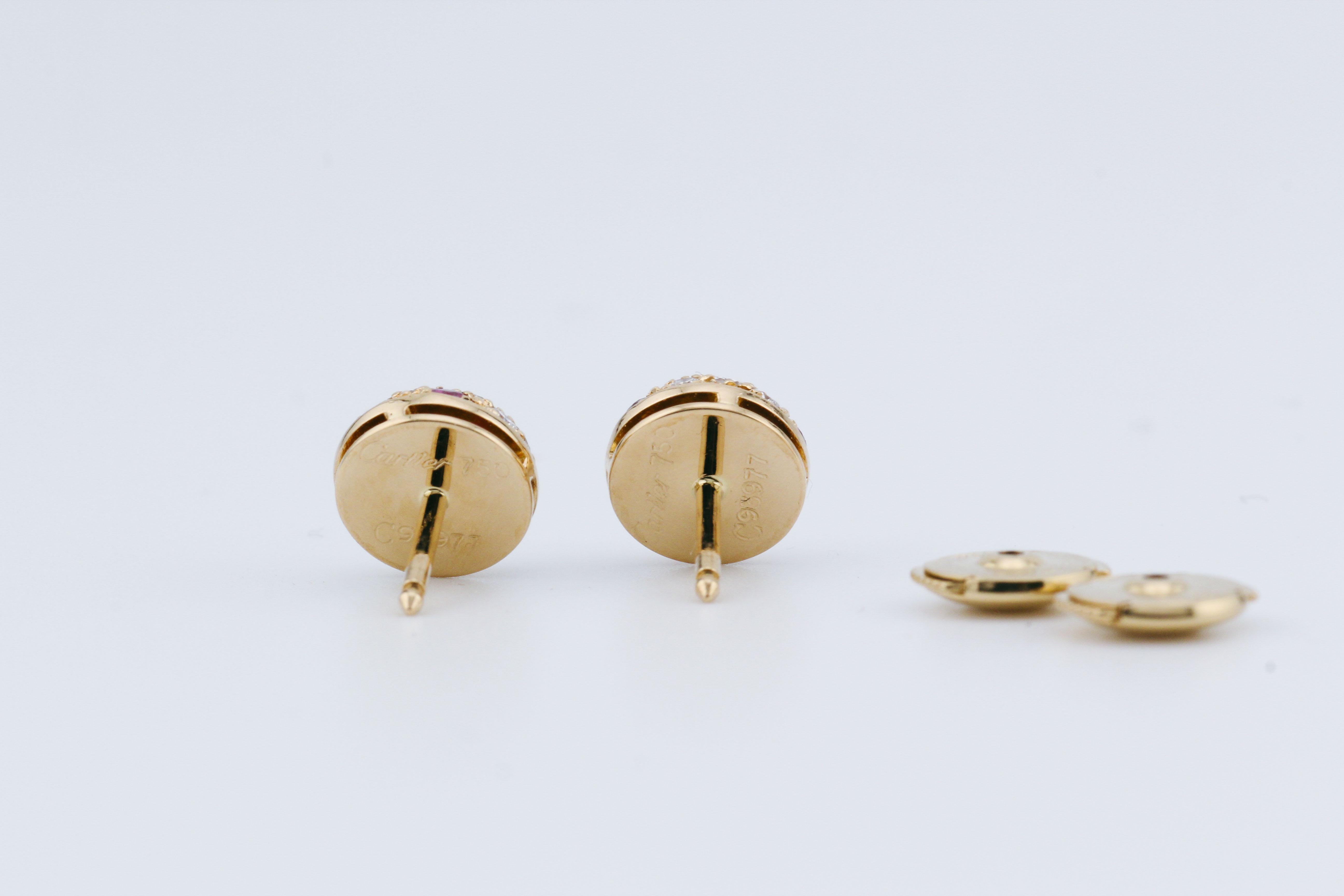 Cartier Ruby Diamond 18K Yellow Gold Petite Dome Earrings In Good Condition For Sale In Simpsonville, SC