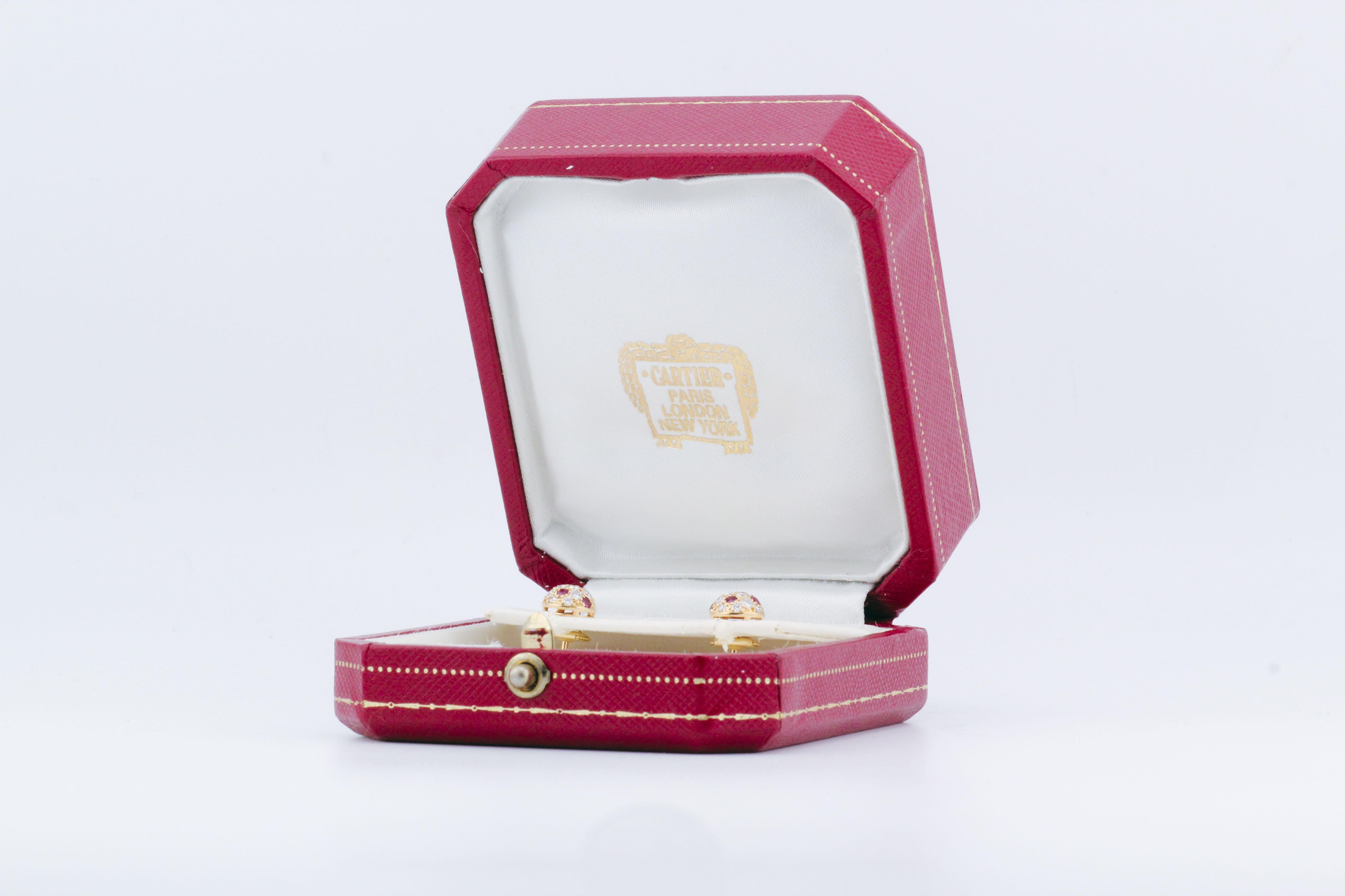 Cartier Ruby Diamond 18K Yellow Gold Petite Dome Earrings For Sale 1