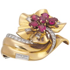 Cartier Ruby, Diamond and Gold Flower Brooch, circa 1950