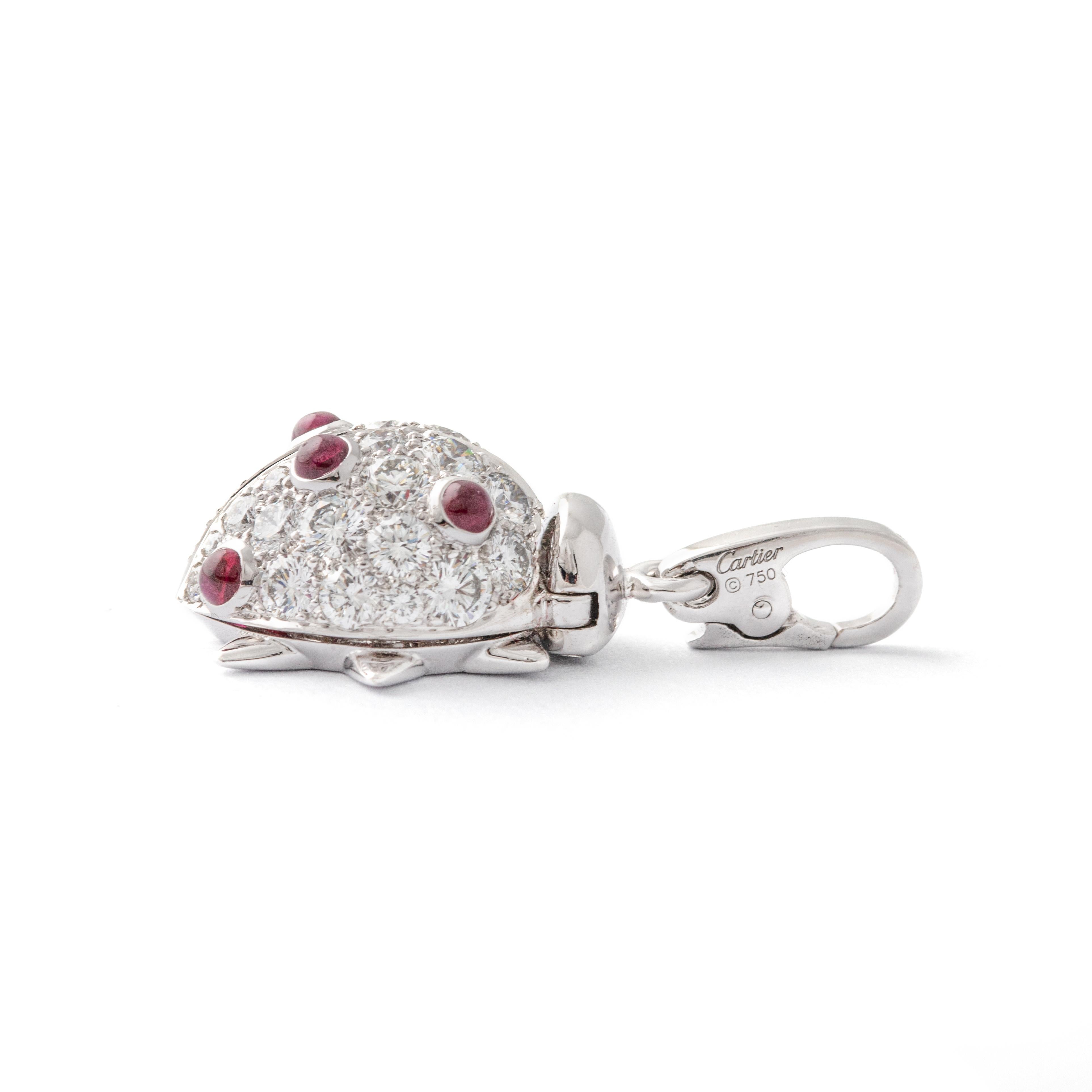 Round Cut Cartier Ruby Diamond Gold 18K Charm Pendant Ladybird For Sale
