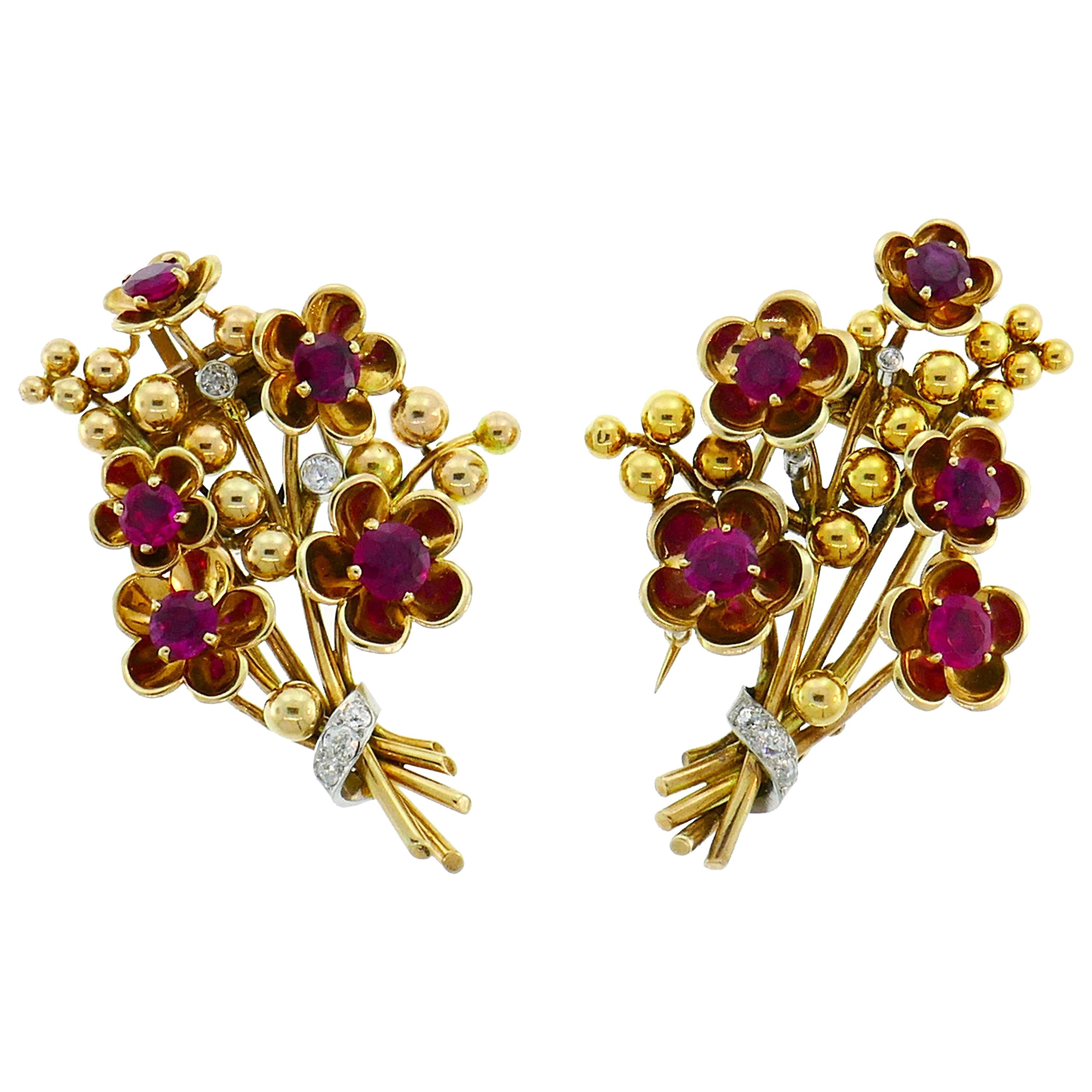 Cartier Ruby Diamond Gold Double Clip Pin Brooch, Retro 1940s Floral