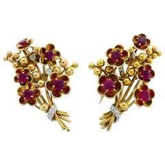 Cartier Ruby Diamond Gold Double Clip Pin Brooch, Retro 1940s Floral