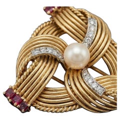 Cartier Ruby Diamond Pearl Brooch 18K Yellow Gold
