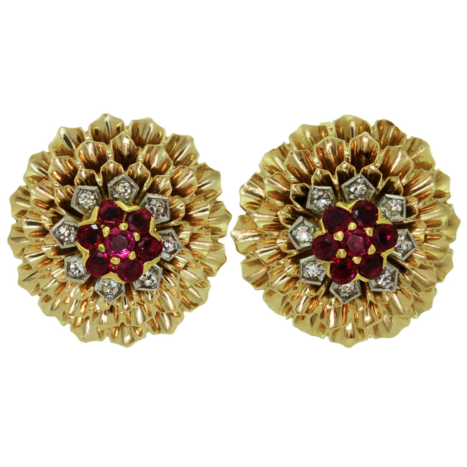 Cartier Ruby Diamond Yellow Gold Clip-On Earrings, 1960s